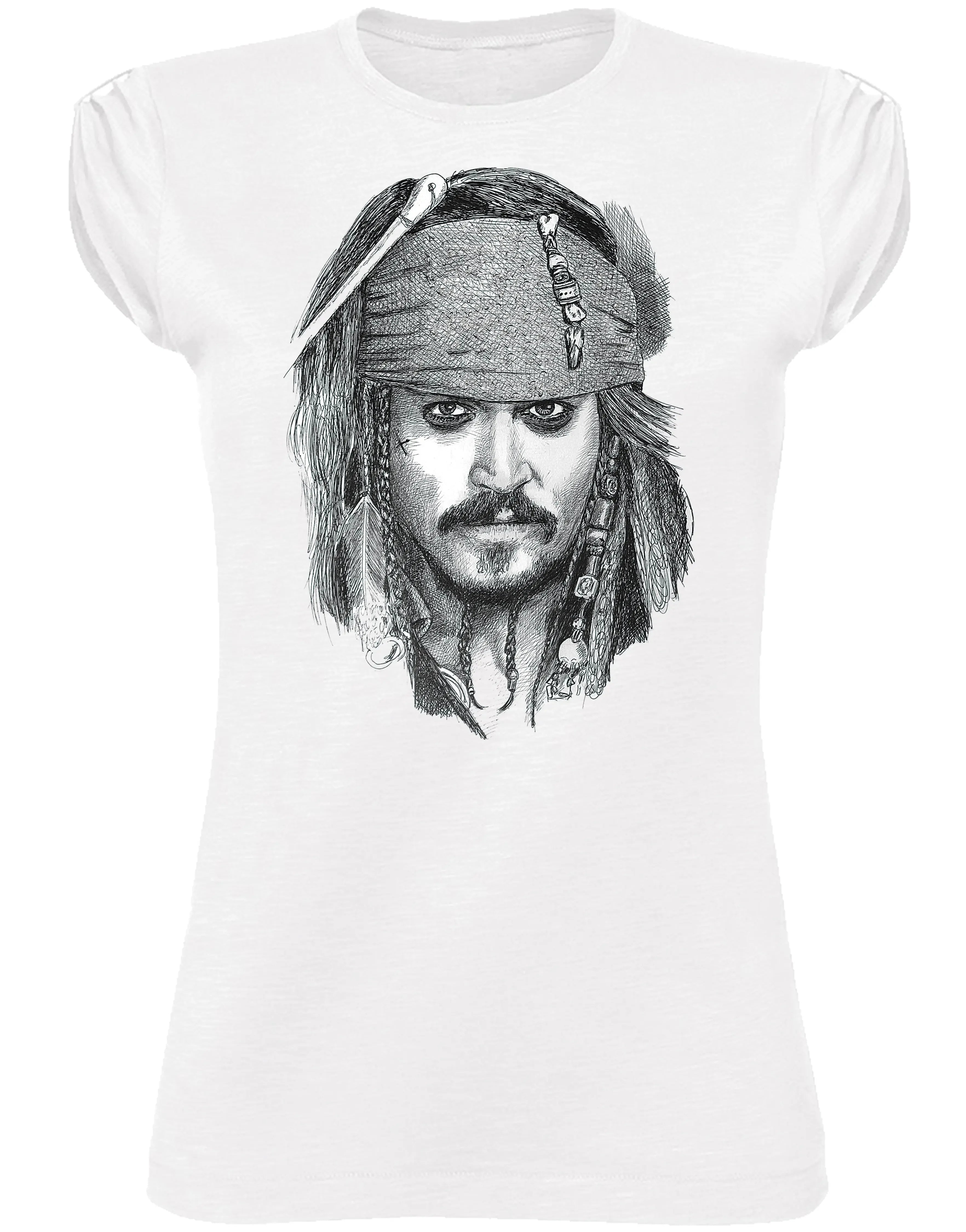 Stylized pirate Johnny Depp T-shirt for women by STREET STYLE, featuring a cinematic-inspired urban design in 100% cotton.
