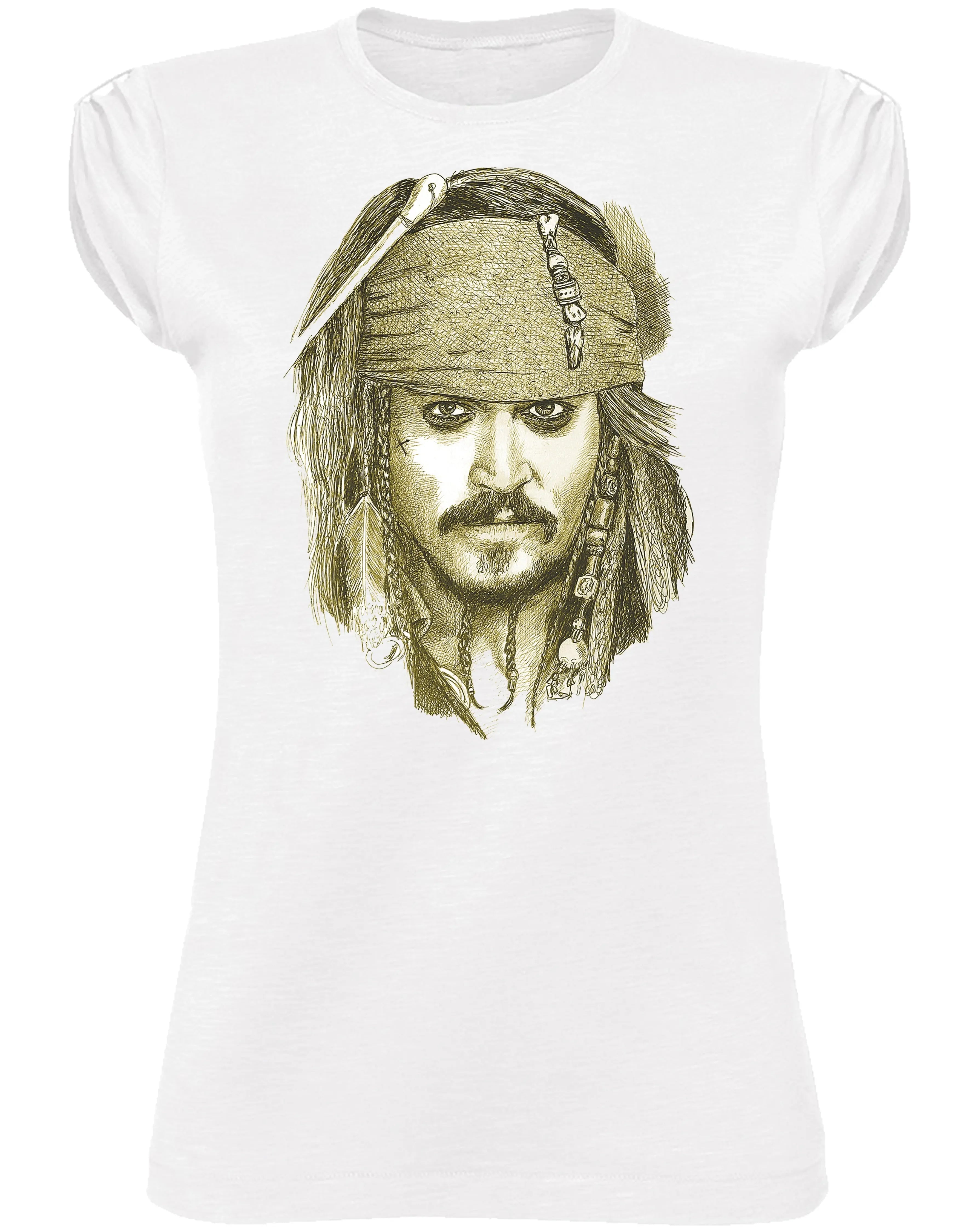 Stylized Johnny Depp pirate T-shirt for women by STREET STYLE, featuring a cinematic pirate design on 100% cotton urban fashion top.