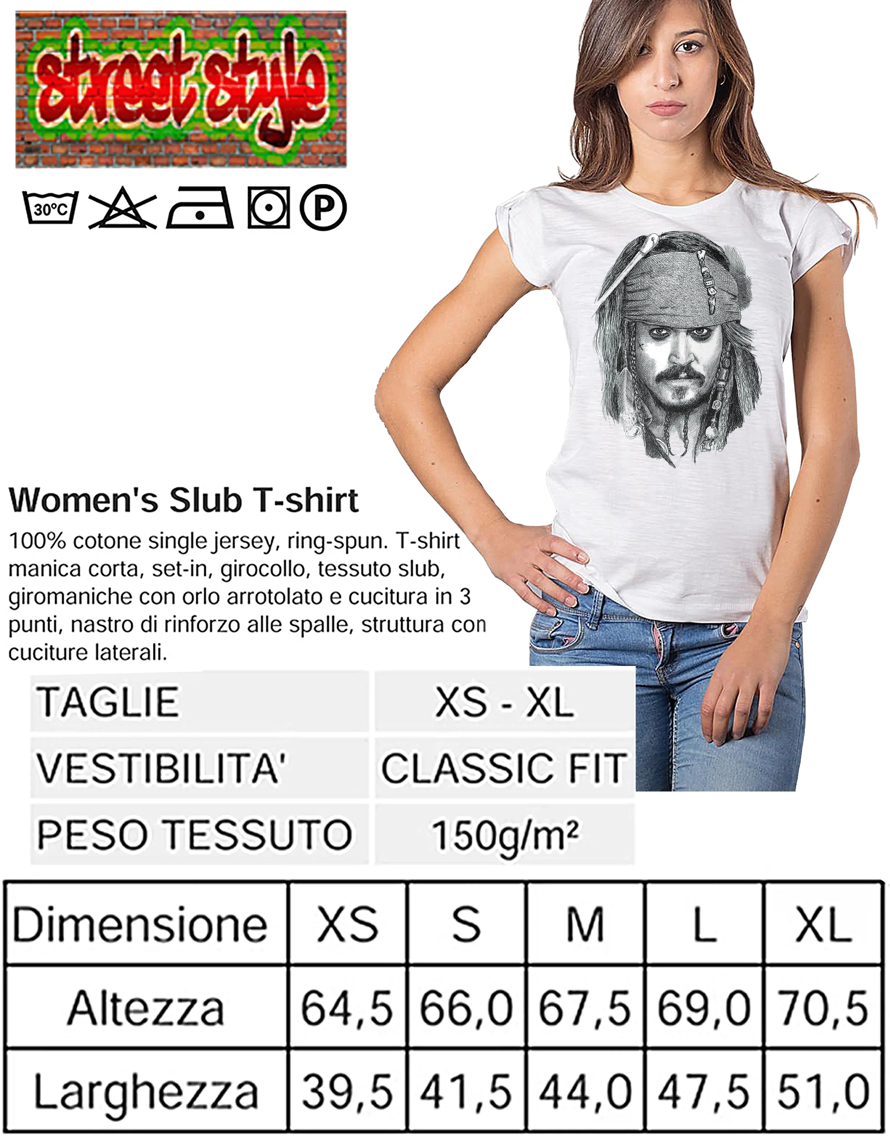 Stylized Johnny Depp pirate T-shirt for women by STREET STYLE, featuring a cinema-inspired pirate design on 100% cotton fabric.