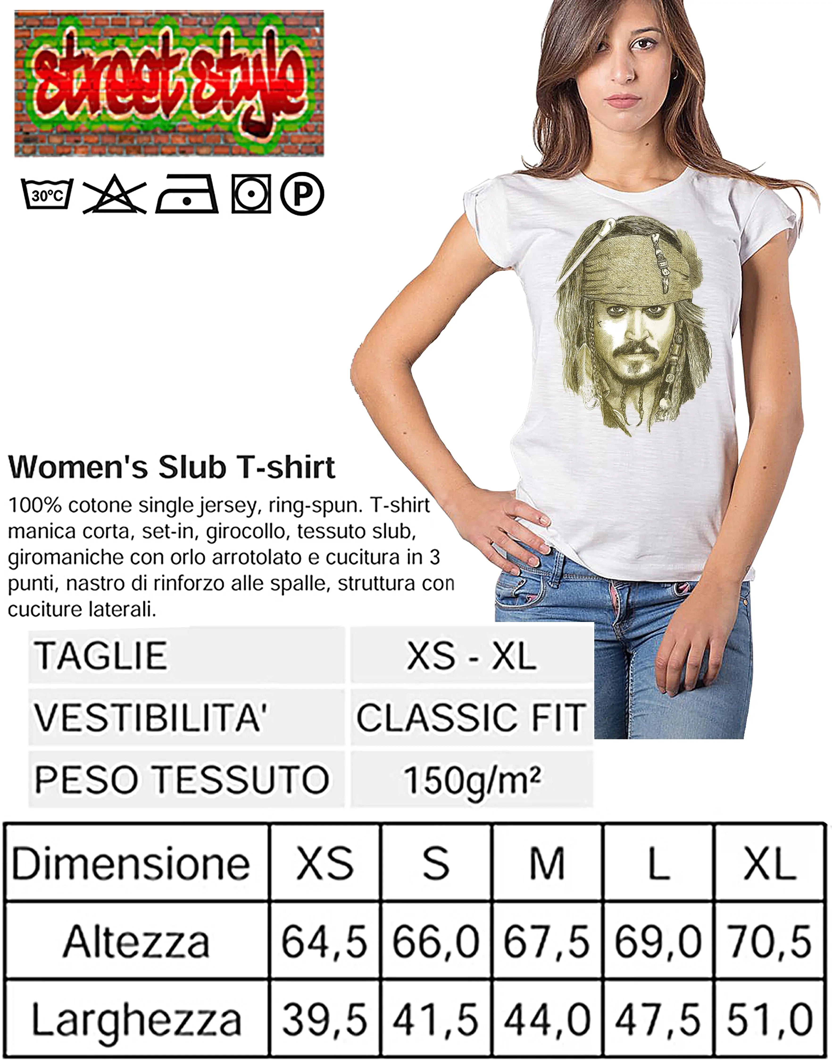 Stylized Johnny Depp pirate-themed Donna T-shirt by STREET STYLE featuring urban cotton design and The Legend graphic.