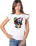 Organic cotton Donna skull T-shirt by STREET STYLE featuring colorful skull and butterfly design, casual urban fashion.