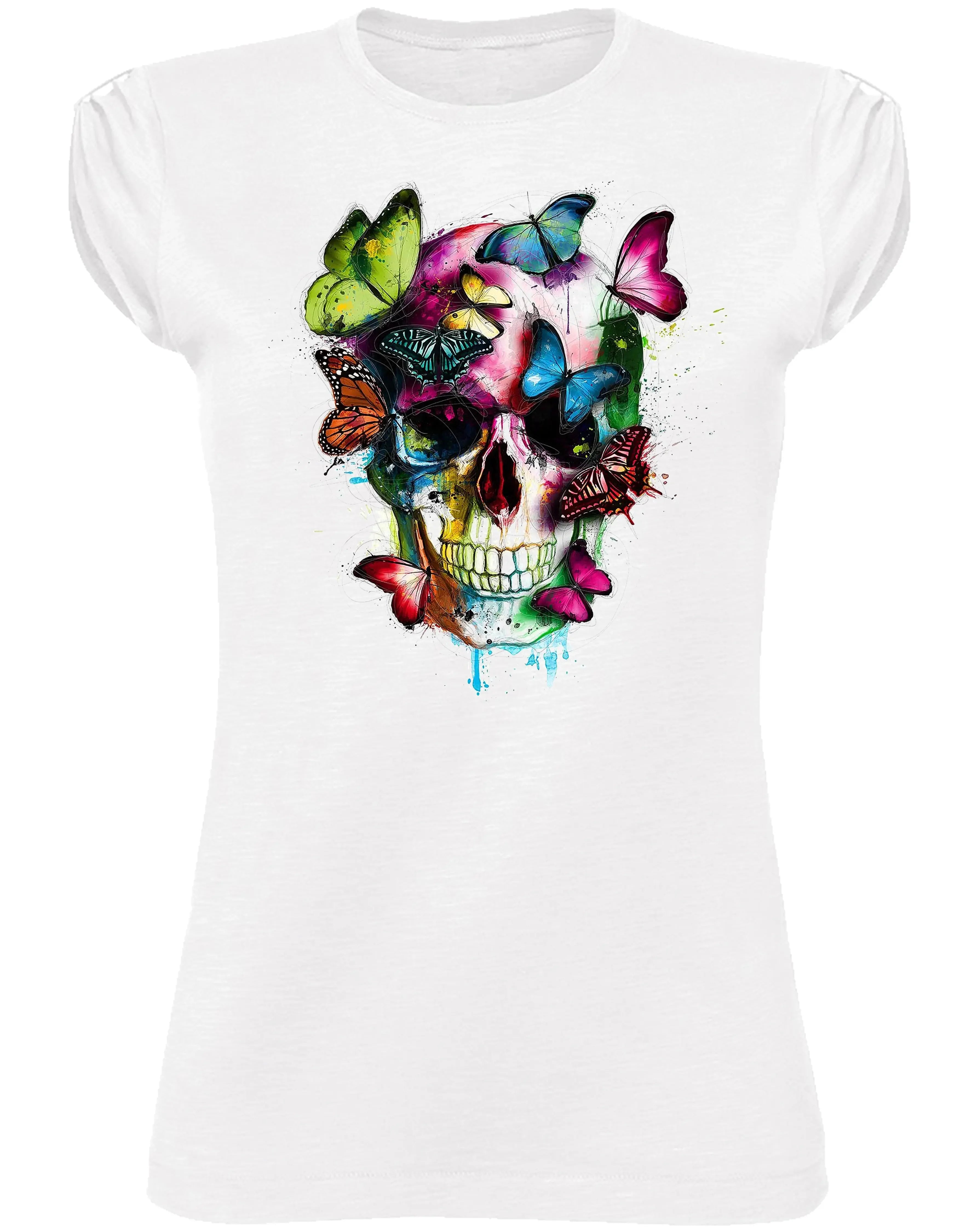 Street Style Donna Skull T-shirt in organic cotton, featuring colorful skull and butterfly design, urban casual fashion.