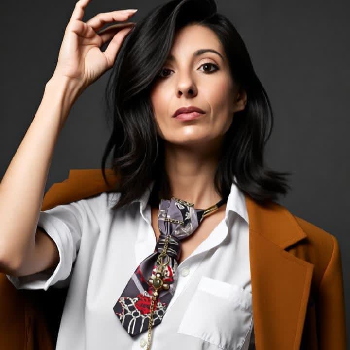 Elegant Claudia De Rosa Jewelry Cravatta Gioiello Imperial Cross worn by a model, featuring intricate design and jewelry details.
