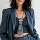 Model wearing Claudia De Rosa Jewelry Rebel Grey Cravatta Gioiello, featuring intricate design and elegant gemstone accents.