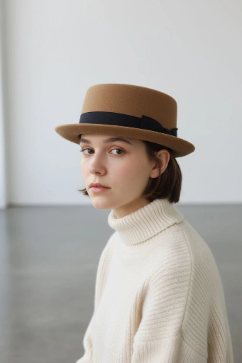 Sbarià felted wool pork pie hat with bow, waterproof and crushable, shown on a model for stylish and practical headwear.