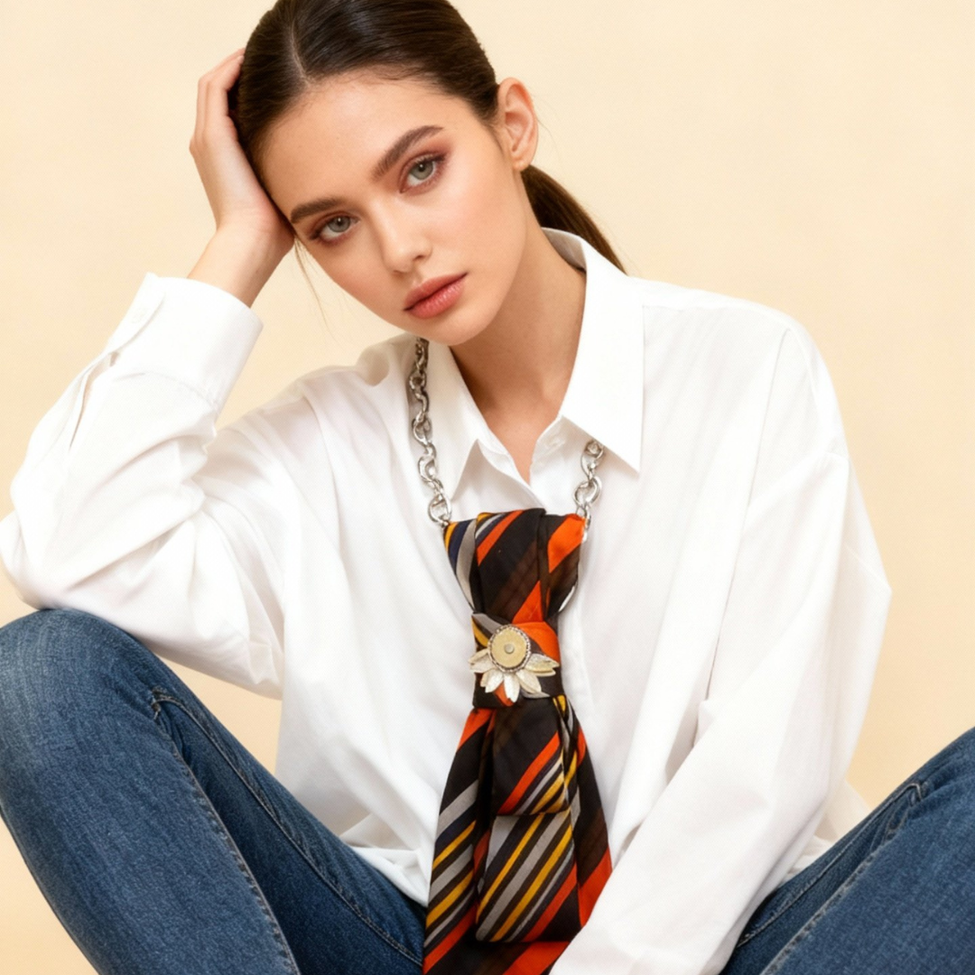 Model sitting on the floor wearing the Claudia De Rosa Jewelry Cravatta Gioiello Stripes Fire, a stylish decorative tie accessory.