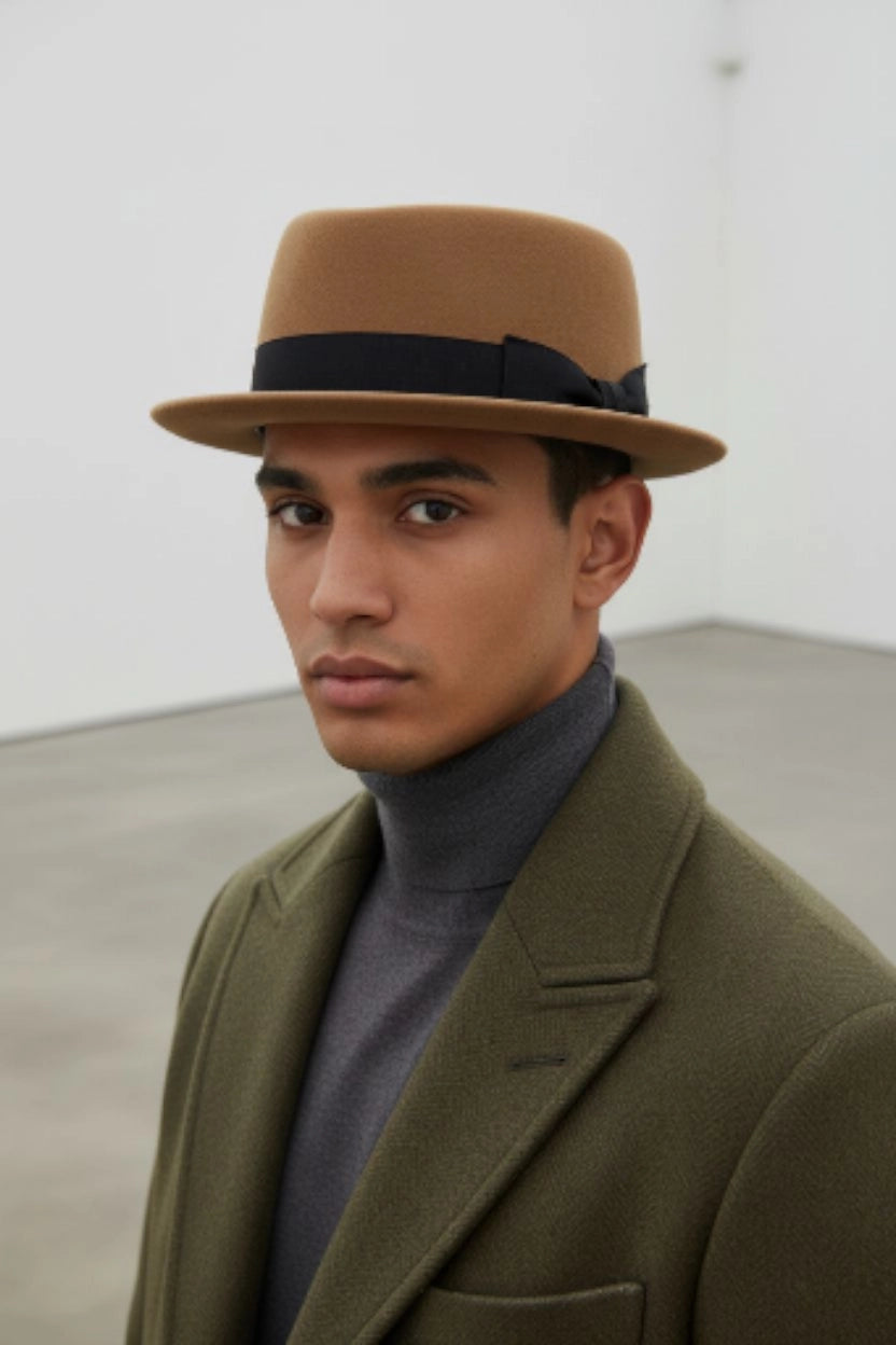 Sbarià pork pie hat in waterproof, crushable felted beaver wool with a ribbon and bow, stylish and durable headwear.