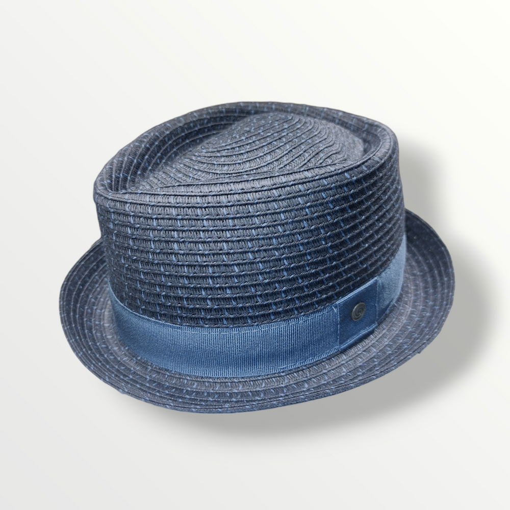 Cappello Pork Pie cupola a diamante in paglia di carta intrecciata blu - Sbarià 