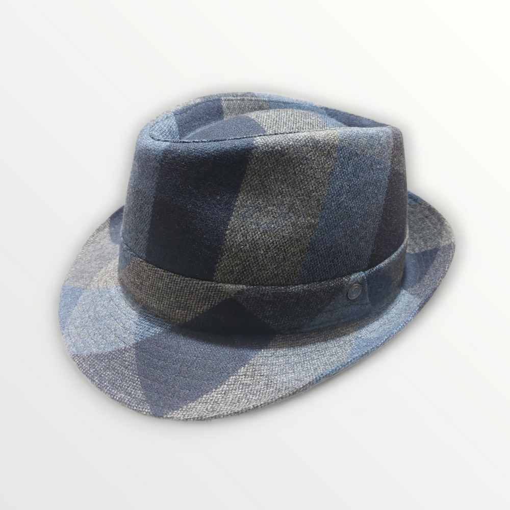 Cappello Trilby in pura lana look a quadri blu e grigio - Sbarià 