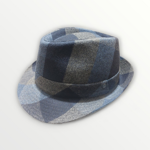 Cappello Trilby in pura lana look a quadri blu e grigio