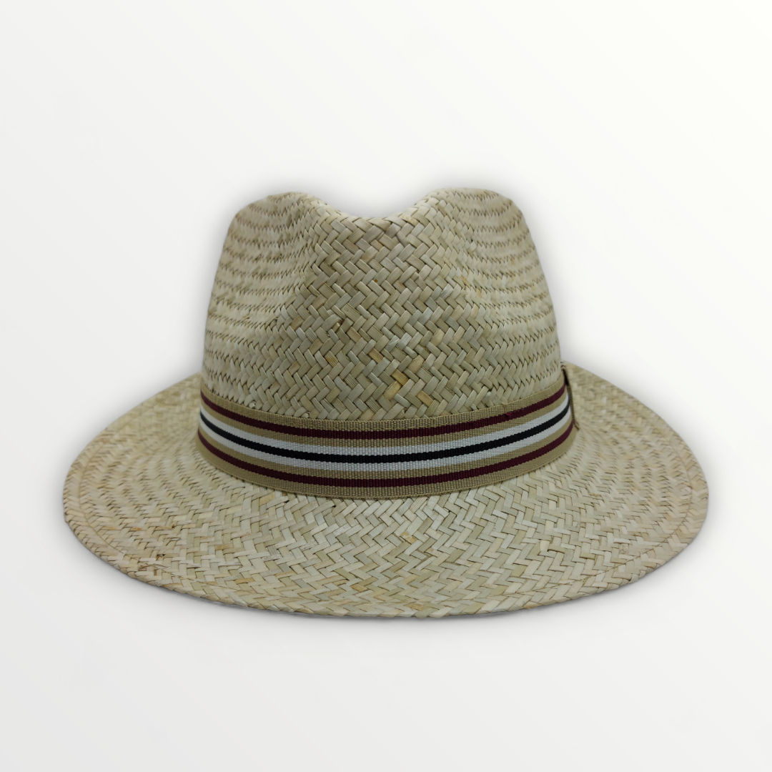 Natural straw fedora hat with a teardrop crown, featuring a wide brim and stylish design for spring and summer wear.