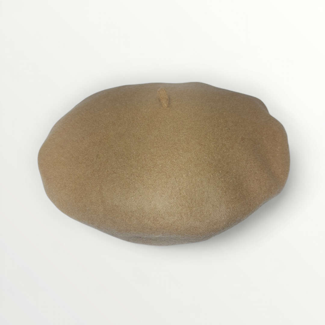 Brown wool beret cap, French-style basco hat made of soft wool fabric for autumn and winter warmth.