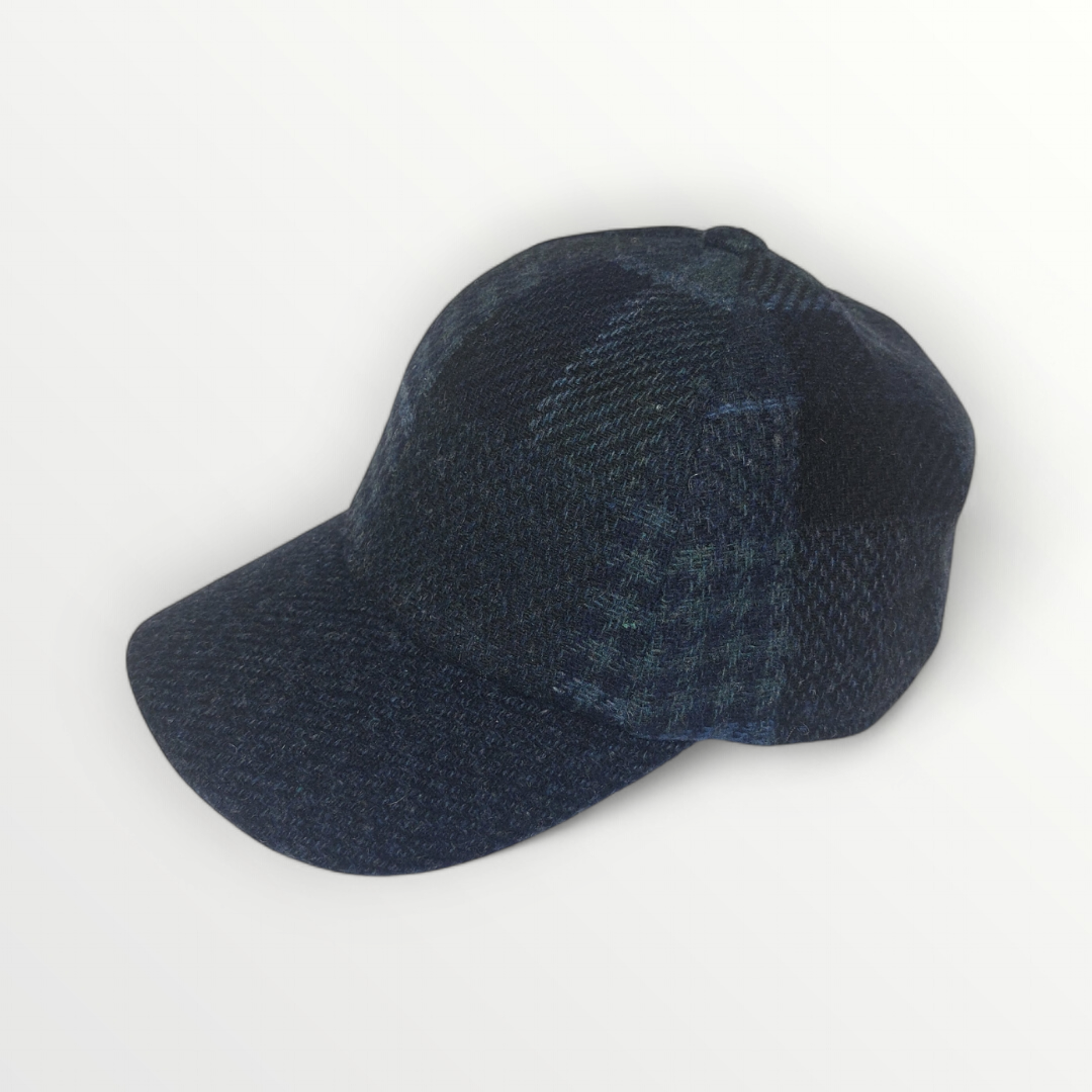 Blue and gray plaid wool baseball cap with a classic design, perfect for autumn and winter weather.
