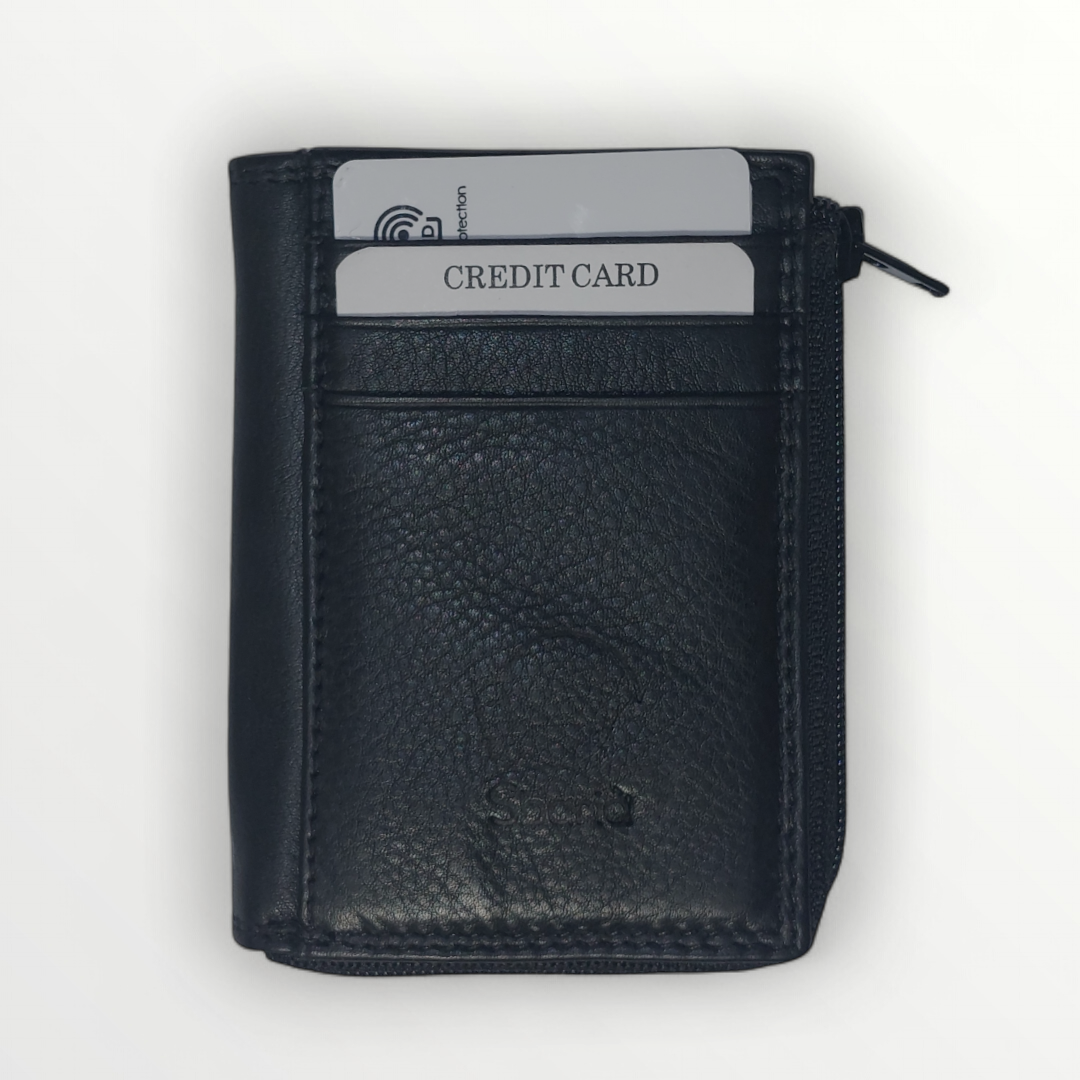 Black RFID leather wallet with zip closure and protective RFID blocking features, showcasing its sleek design and compact size.
