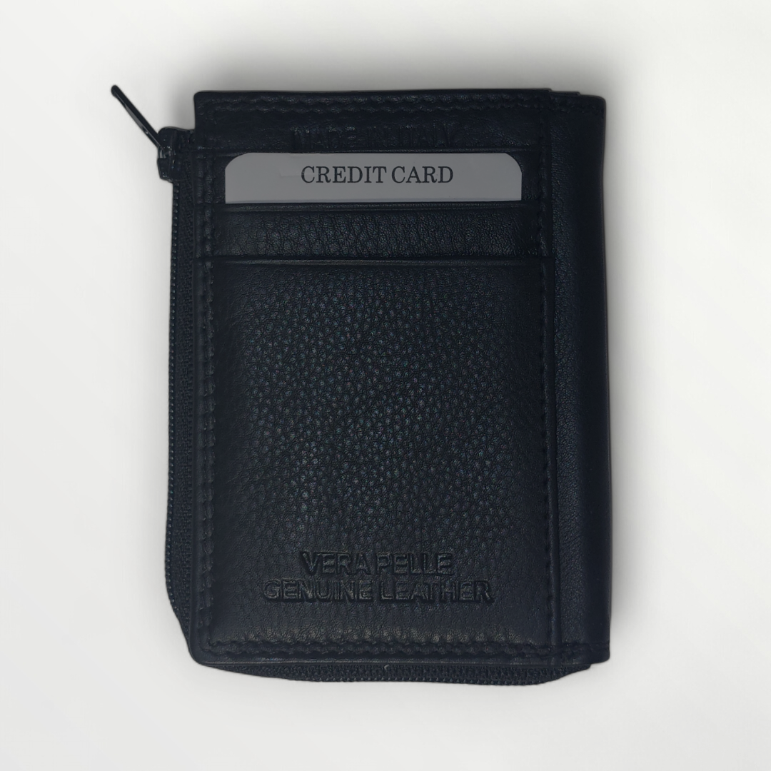 Leather zip wallet by Protezione Rfid with RFID protection, featuring multiple card slots and a sleek, durable design.