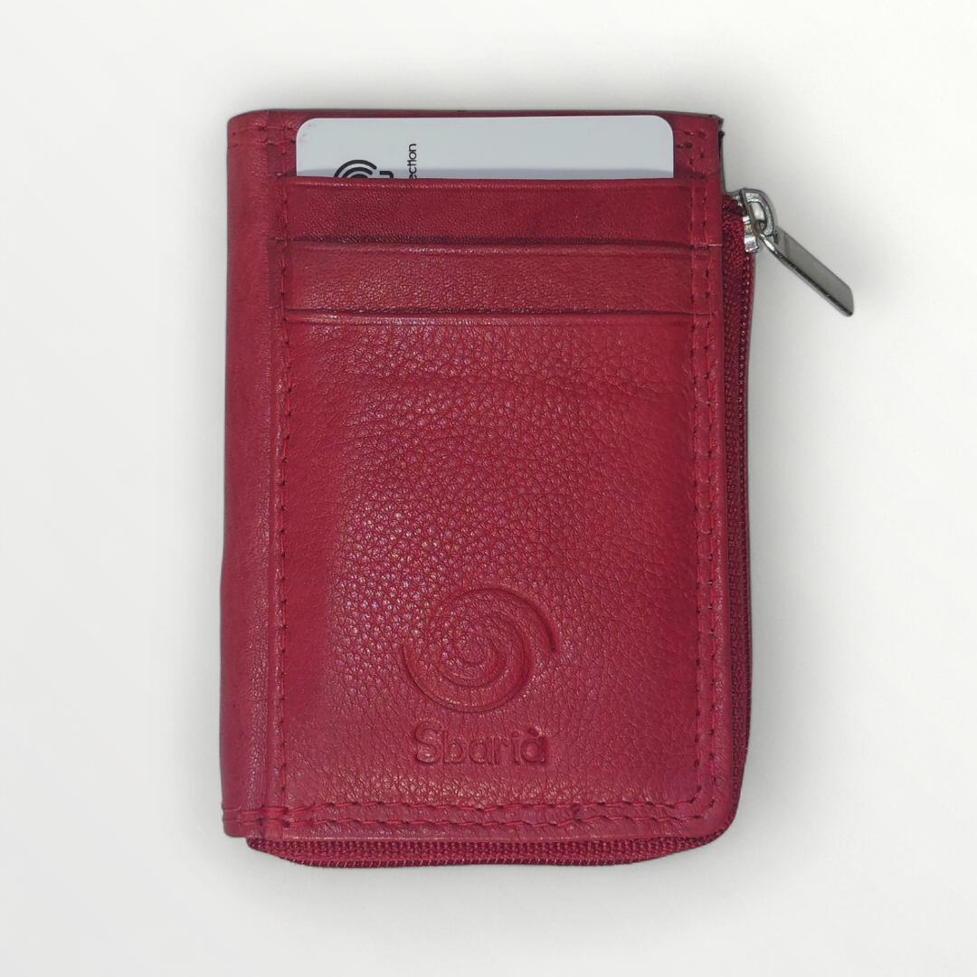 Leather zip wallet by Protezione Rfid featuring RFID protection, shown with multiple card slots and a sleek design.