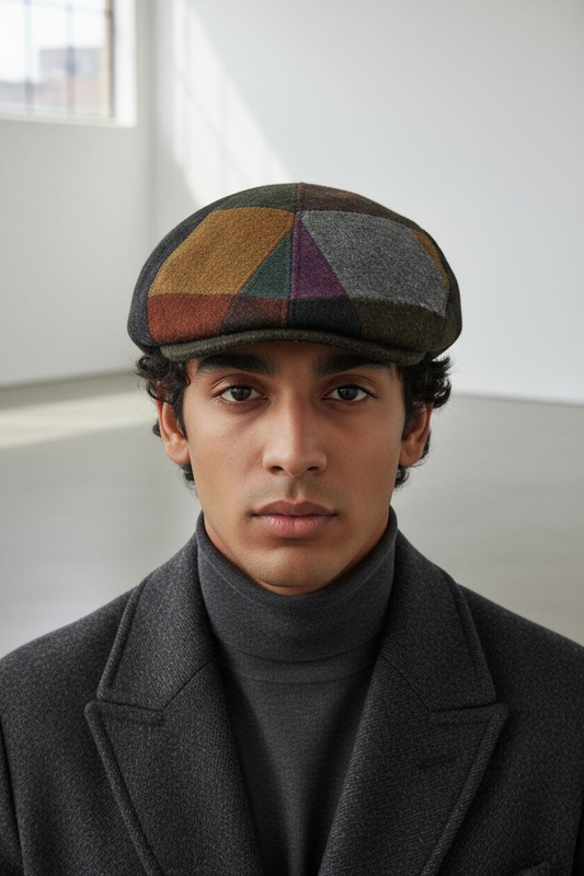 Coppola Duffy in lana Shetland lavorazione patchwork motivo quadri multicolor