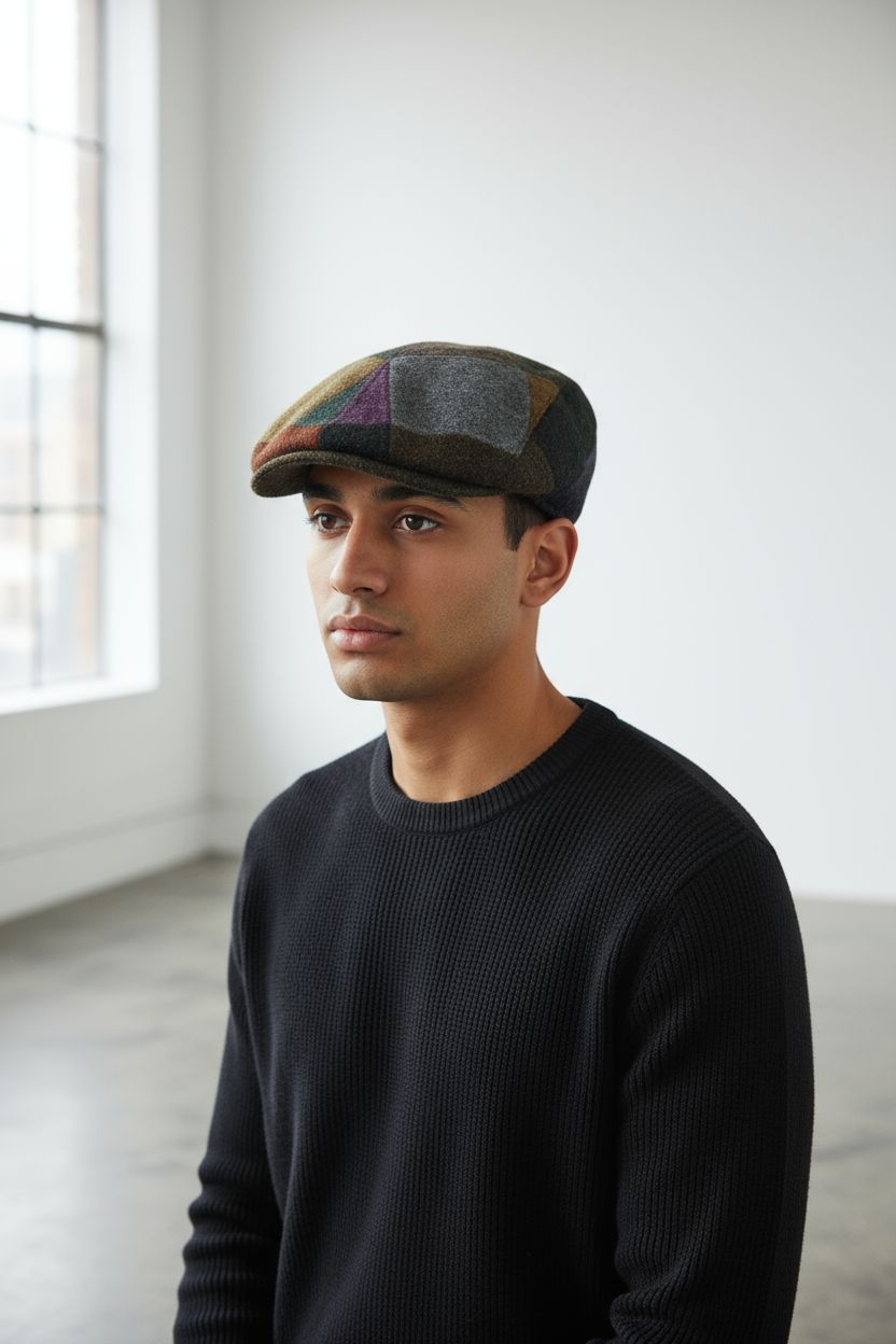 Multicolor patchwork Coppola Duffy made of Shetland wool, featuring a quilted pattern and warm autumn/winter style.