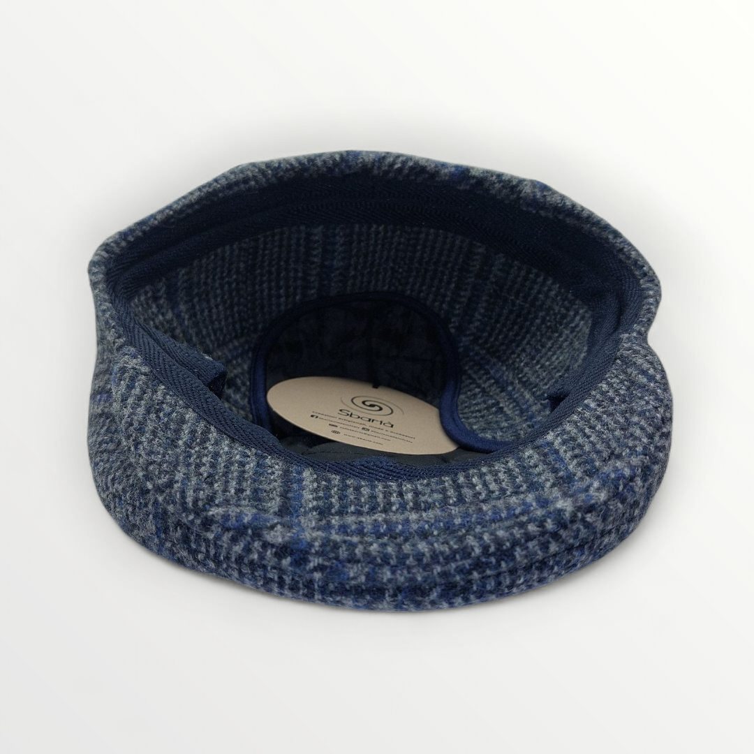 Sbarià Siciliana wool cap with gray plaid and blue stripes, featuring ear covers for warmth and style.