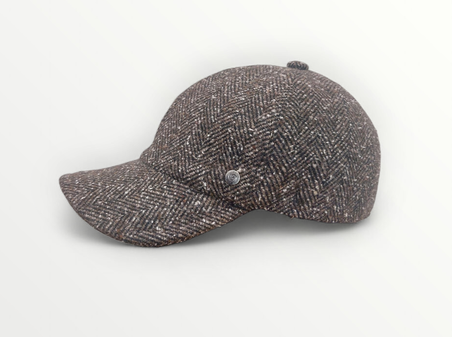 Sbarià brown herringbone wool baseball cap with ear cover, stylish berretto for cold weather comfort and warmth.