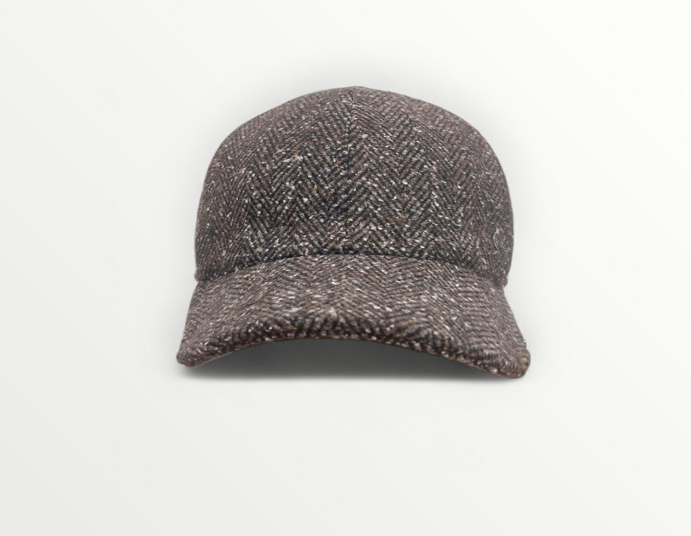 Brown wool baseball cap with ear covers by Sbarià, featuring a herringbone pattern and adjustable brim.