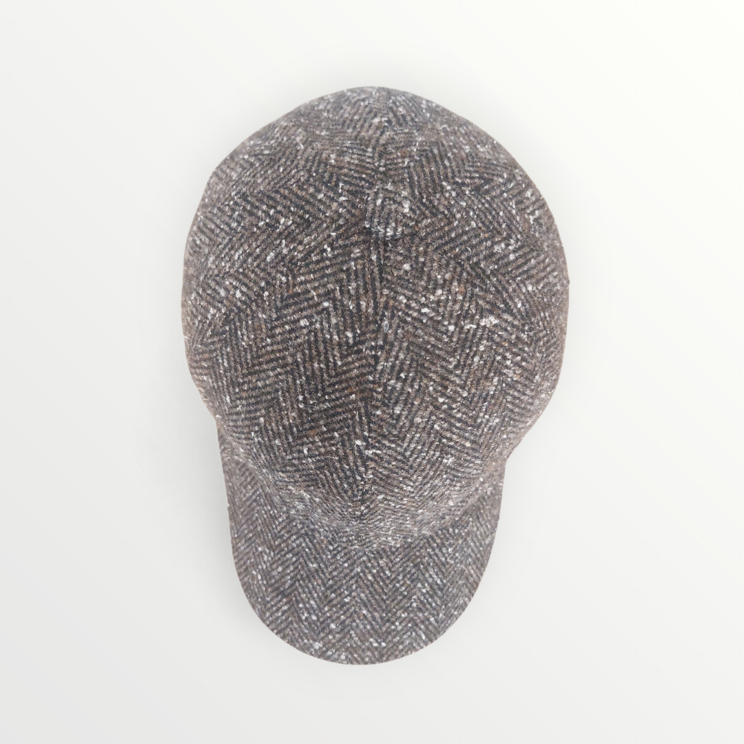 Brown wool baseball cap with herringbone pattern and ear cover, by Sbarià, shown from the front with ear protection visible.