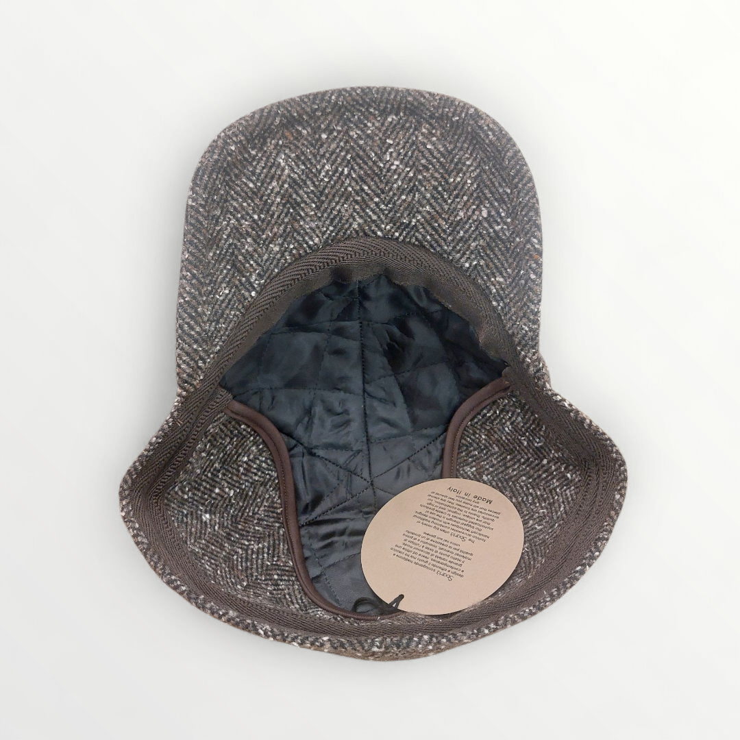 Sbarià brown herringbone wool baseball cap with ear cover, stylish and warm berretto for chilly weather.