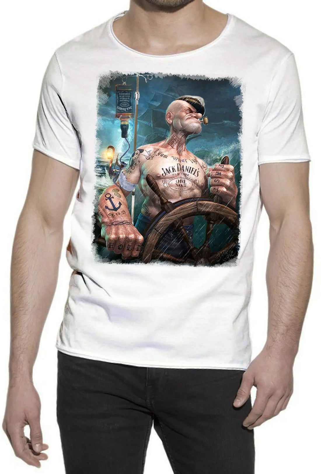 Popeye Jack Daniels cartoon T-shirt for men in fiery cotton, urban STREET STYLE brand, casual men's graphic t-shirt.