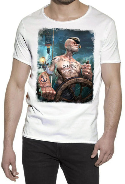 Popeye Jack Daniels cartoon T-shirt for men in fiery cotton, urban STREET STYLE brand, casual men's graphic t-shirt.