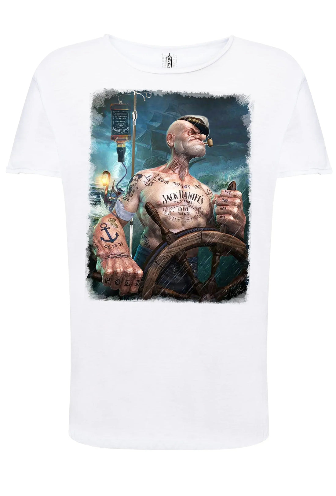 Popeye Jack Daniels T-shirt for men by STREET STYLE, cotton fabric with a vintage cartoon print, urban streetwear style.