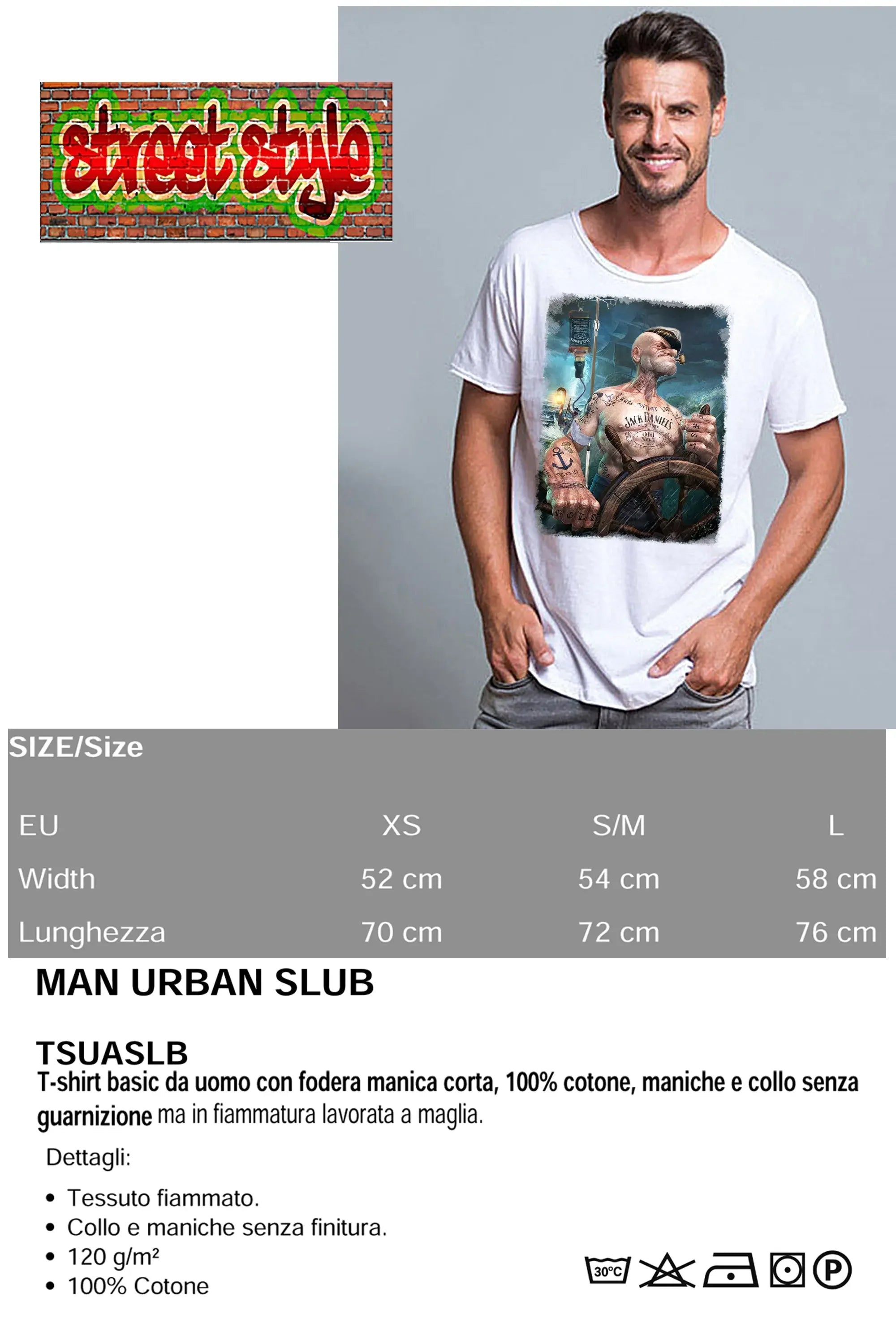 Popeye Jack Daniels cartoon T-shirt for men by STREET STYLE, featuring cotton fabric and a bold, distressed design.
