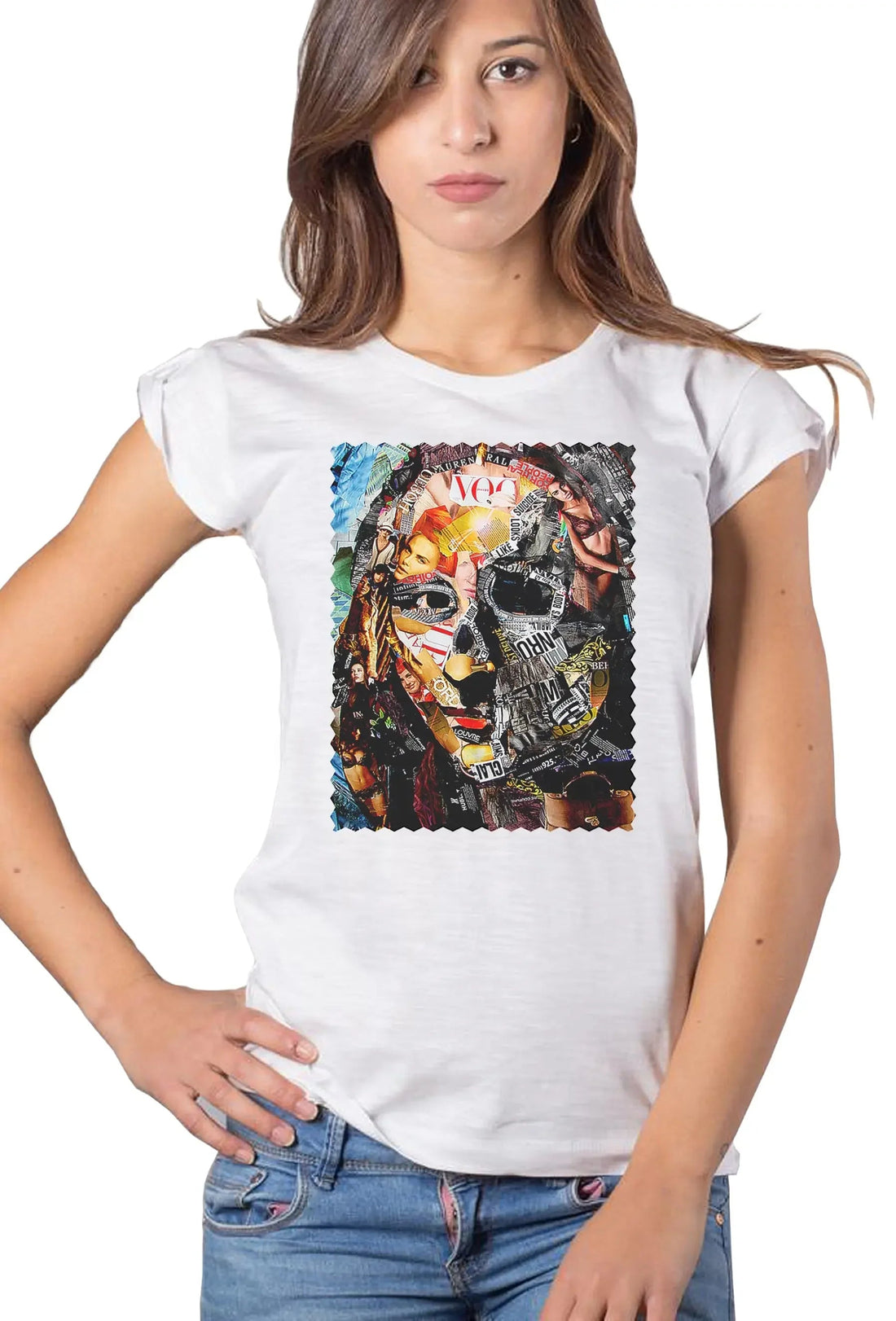 Street Style Donna T-shirt with Mona Lisa portrait in colorful, artistic design made from organic cotton, casual urban style.