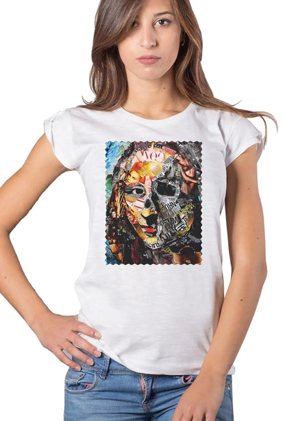 Street Style Donna T-shirt with Mona Lisa portrait in colorful, artistic design made from organic cotton, casual urban style.