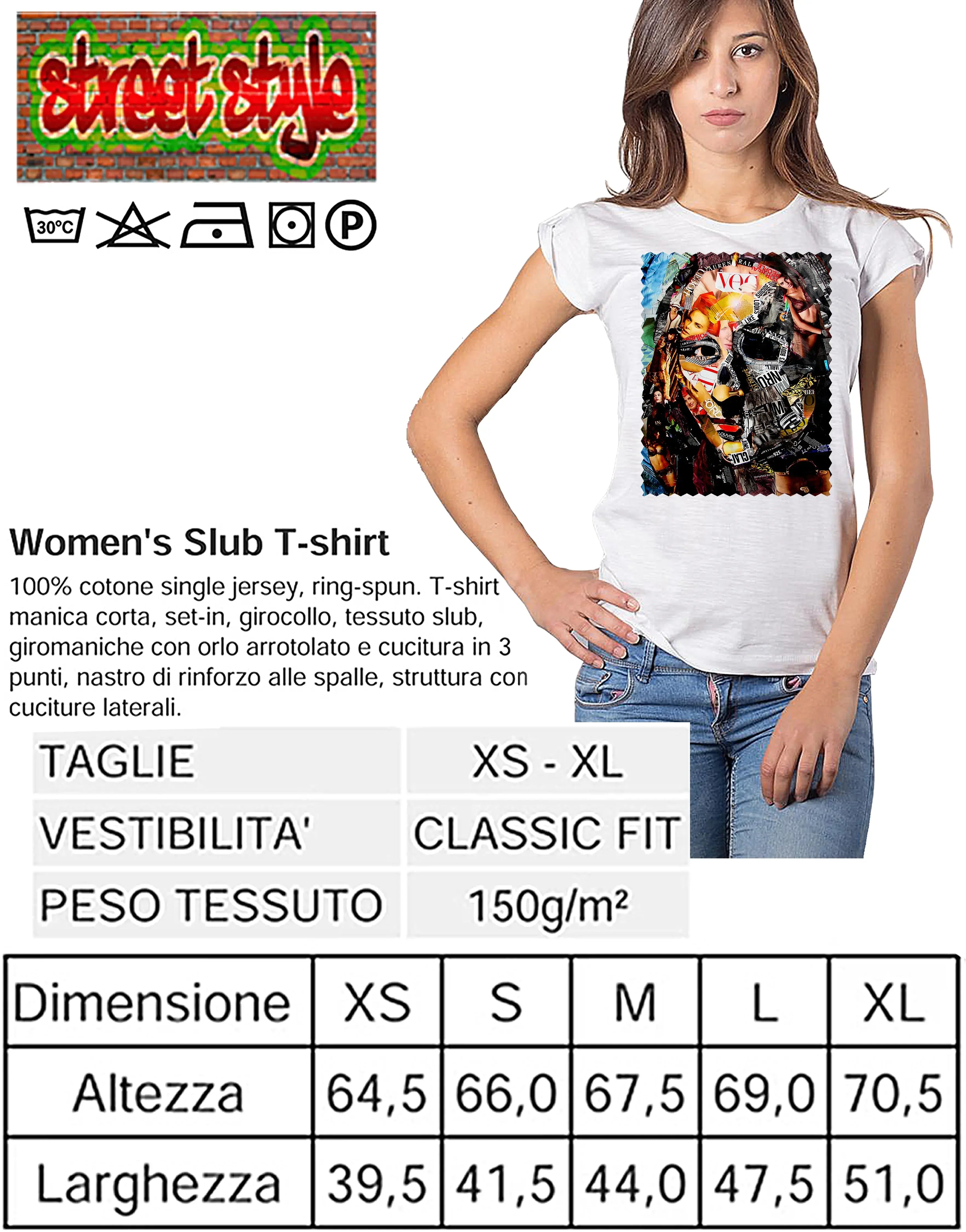 Street Style Donna T-shirt with Mona Lisa portrait in vibrant colors, made from organic cotton, urban and artistic design.