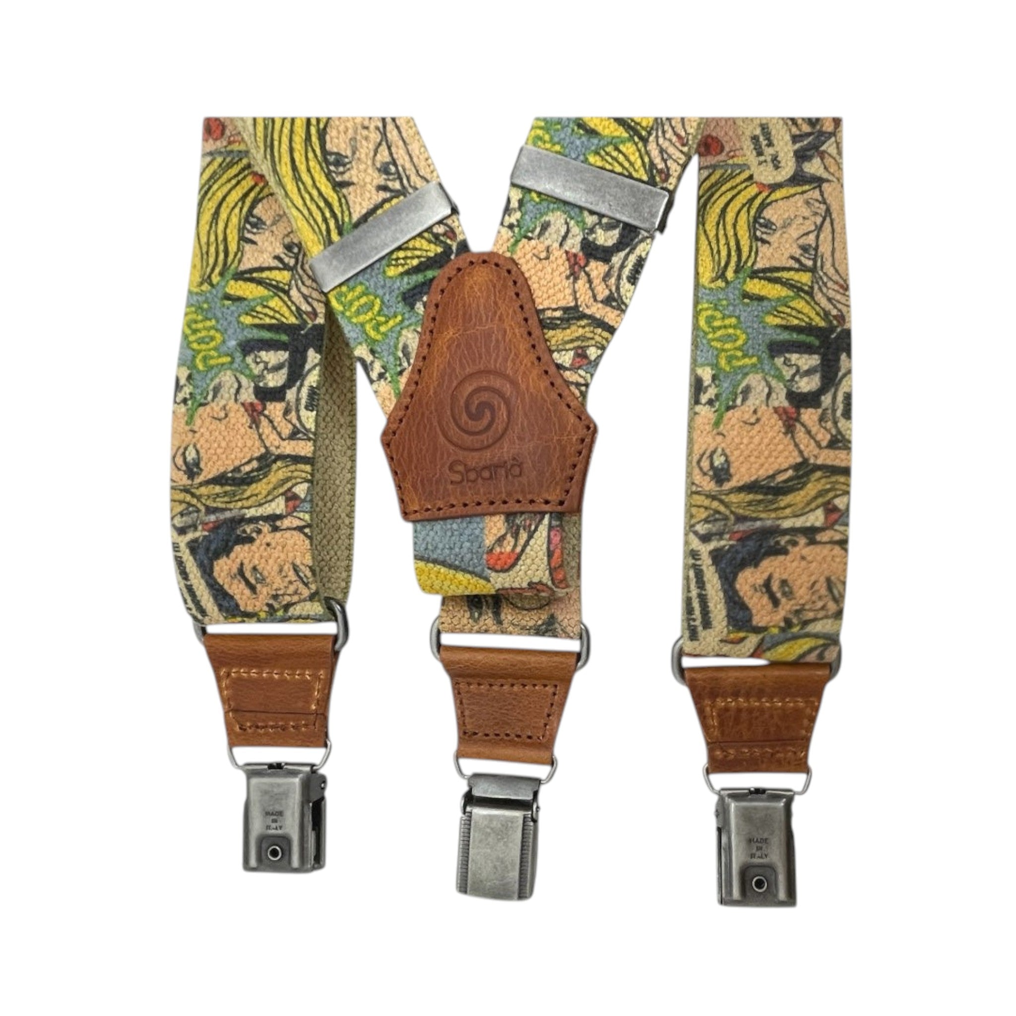 Sbarià Bretella Comix artisanal suspenders made in Italy, featuring stylish fabric straps and metal adjusters.