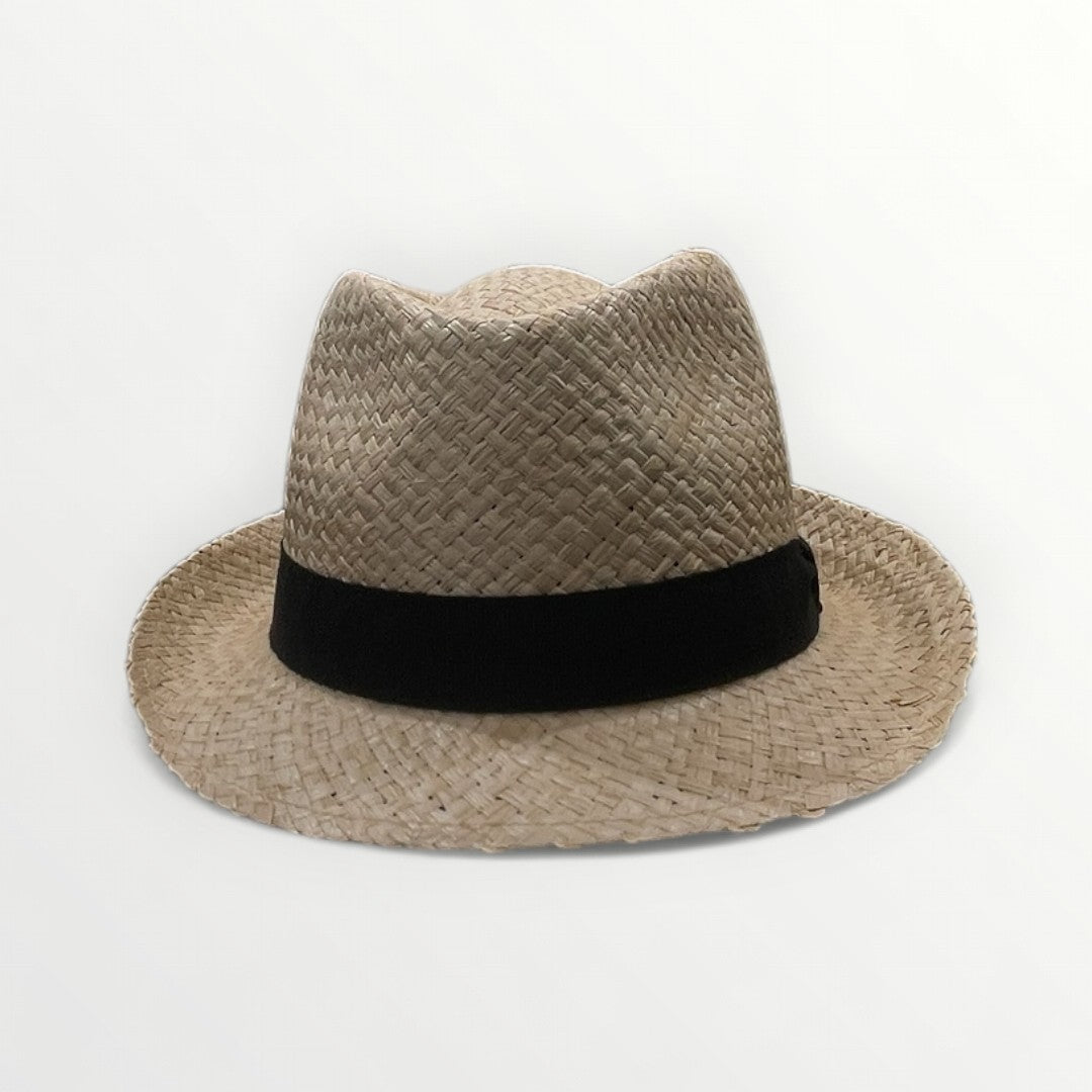 Sbarià raffia trilby hat with grosgrain cotton band, stylish summer accessory with a classic, textured design.