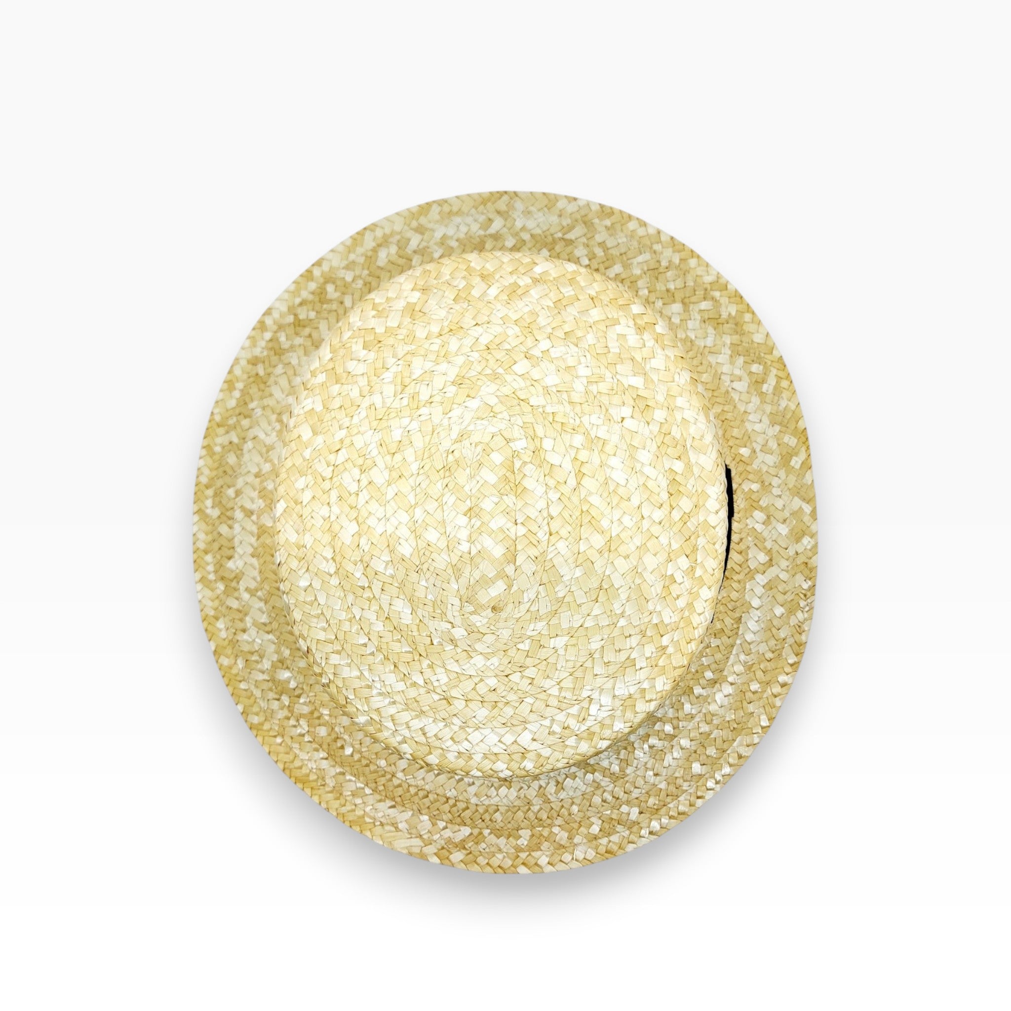 Natural woven straw boater hat by Sbarià, viewed from above, featuring handcrafted Italian craftsmanship and classic style.