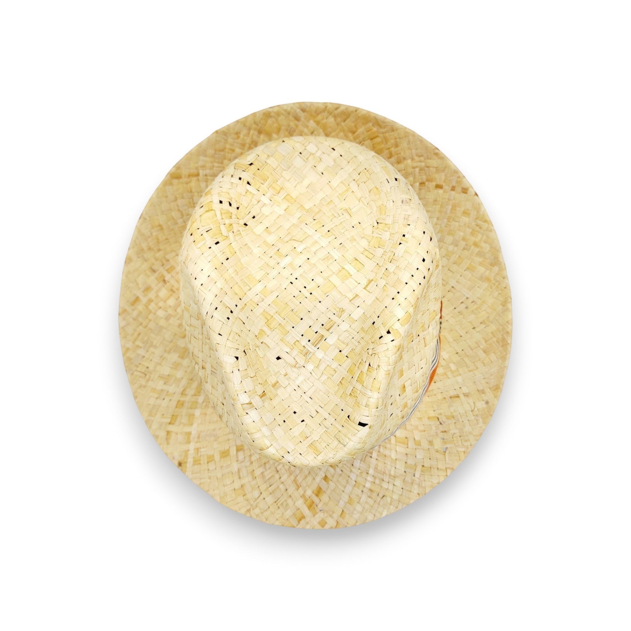 Top view of Sbarià crushable raffia fedora hat with striped band, featuring a teardrop crown and natural handcrafted weave.