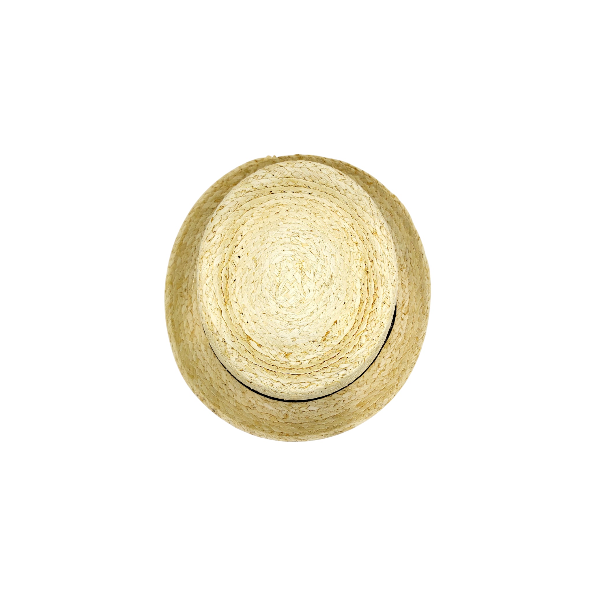 Top view of Sbarià natural raffia pork pie hat with handcrafted woven design, Italian-made, stylish and breathable headwear.