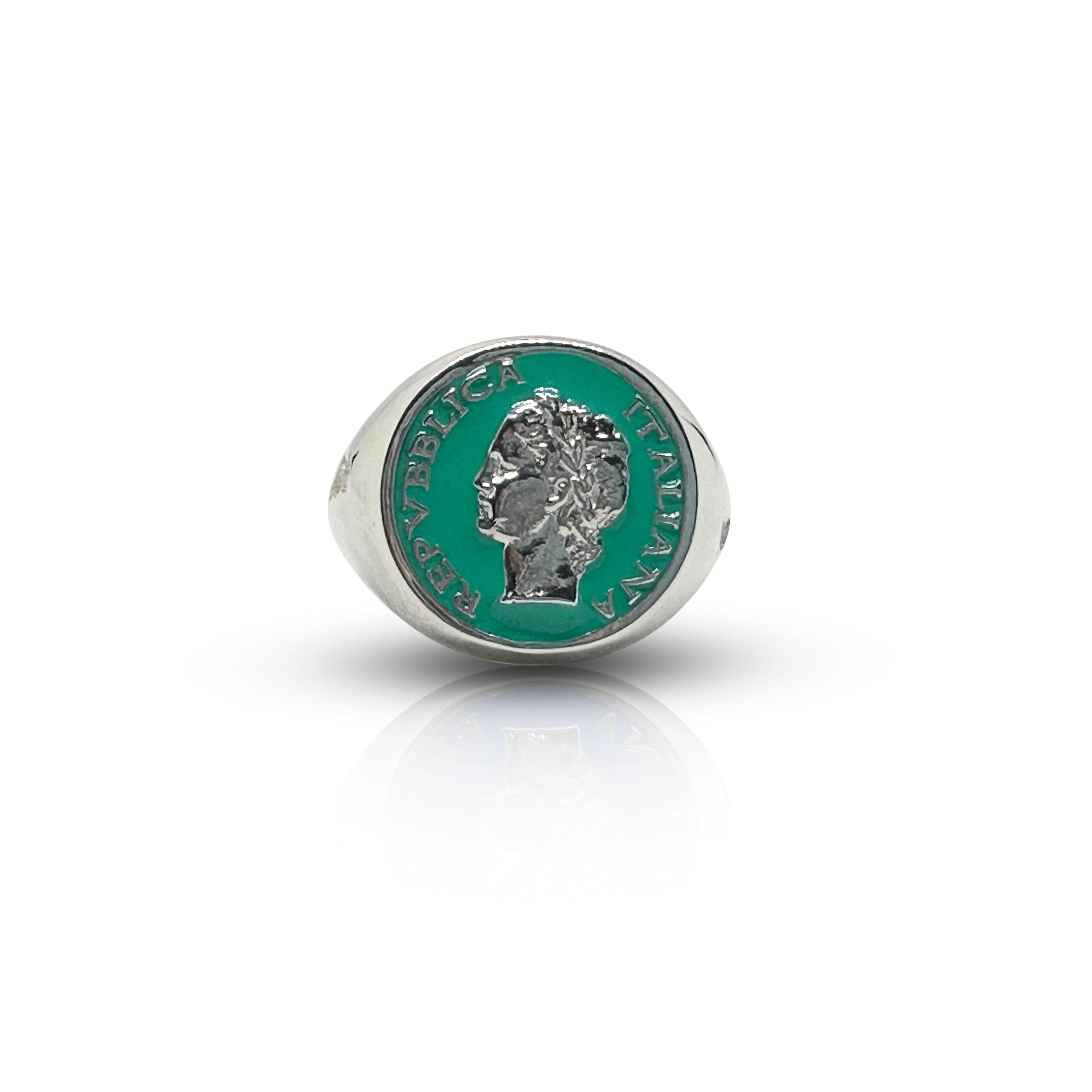 Vintage Anello Chevalier BDG Accessories with silver band and colorful enamel design inspired by 1950s Dolce Vita style.