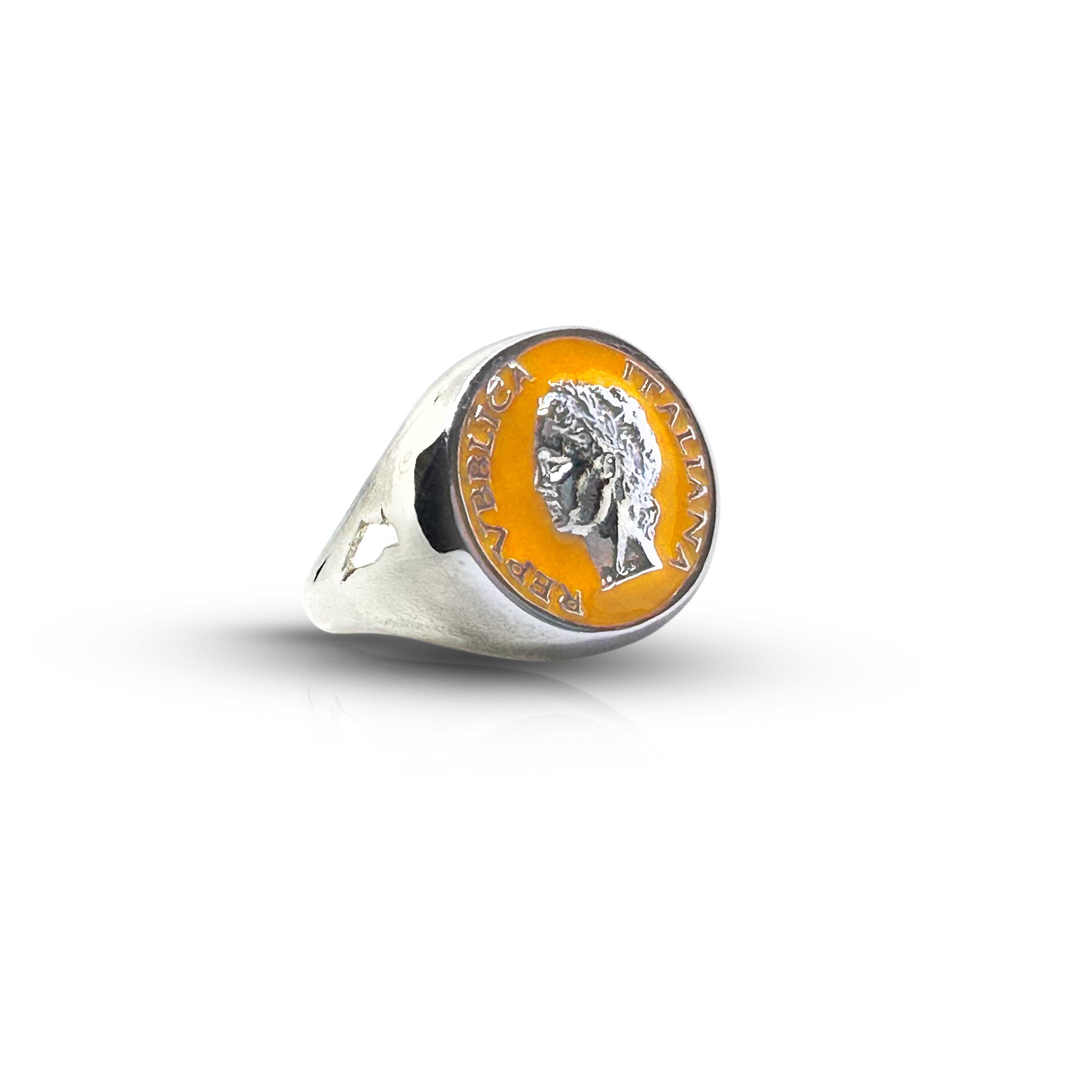 Silver Anello Chevalier ring with colorful enamel design, vintage 1950s Dolce Vita style from BDG Accessories.