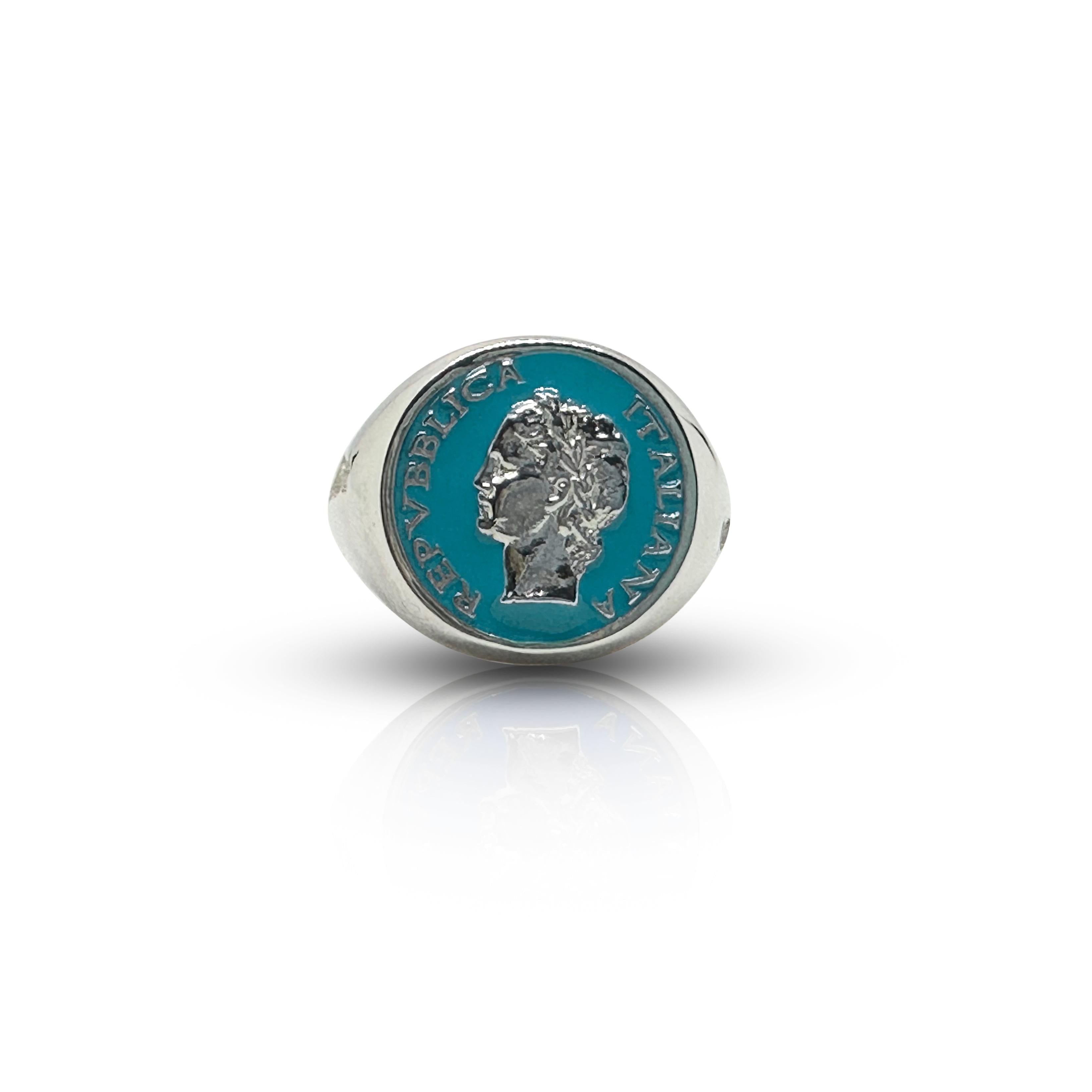 Silver Anello Chevalier ring with vintage Dolce Vita 1950s design and colorful enamel, by BDG Accessories.