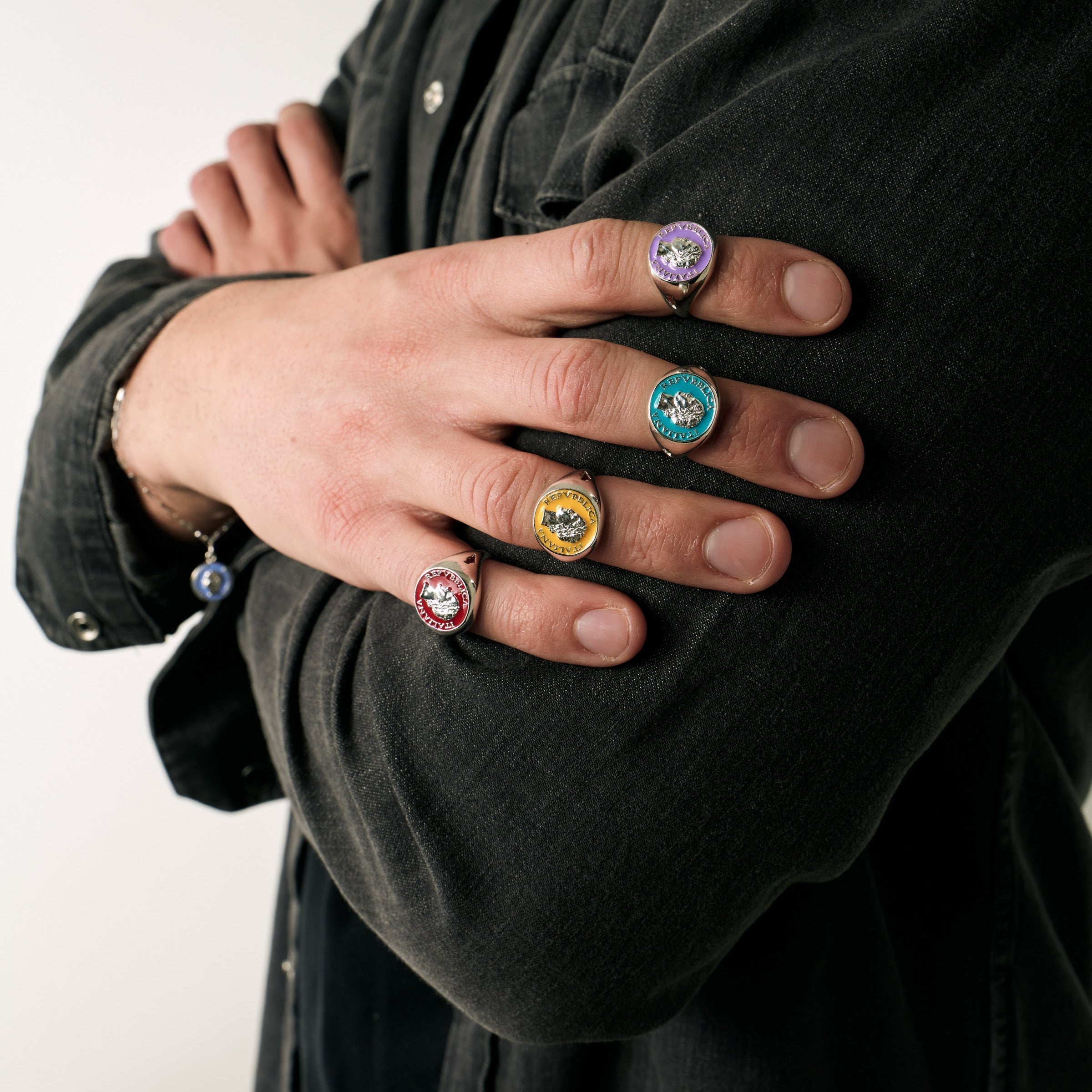 Silver chevalier ring with colorful enamel detail inspired by 1950s vintage design by BDG Accessories