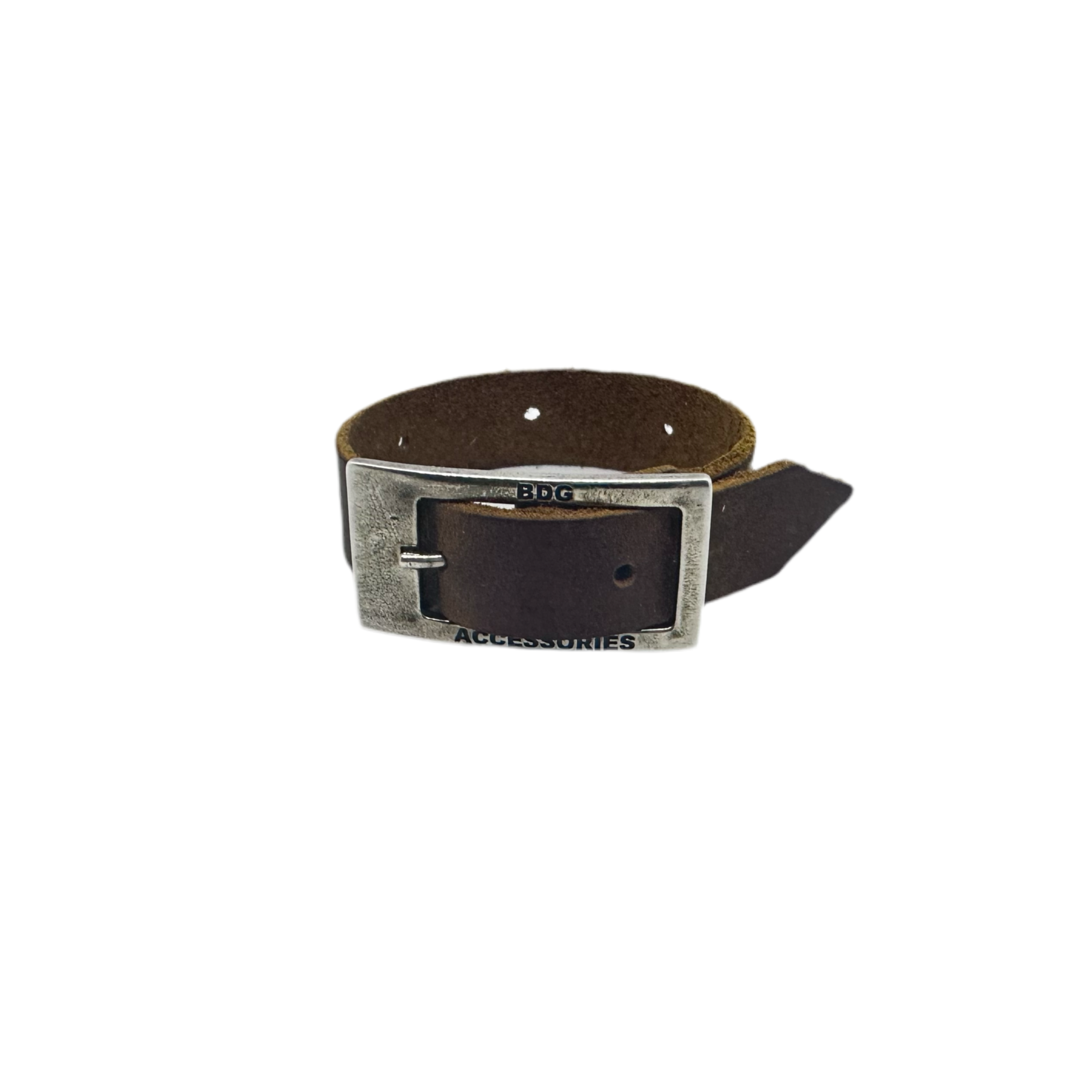 Close-up of BDG Accessories old style leather bracelet featuring a metal buckle and detailed craftsmanship.
