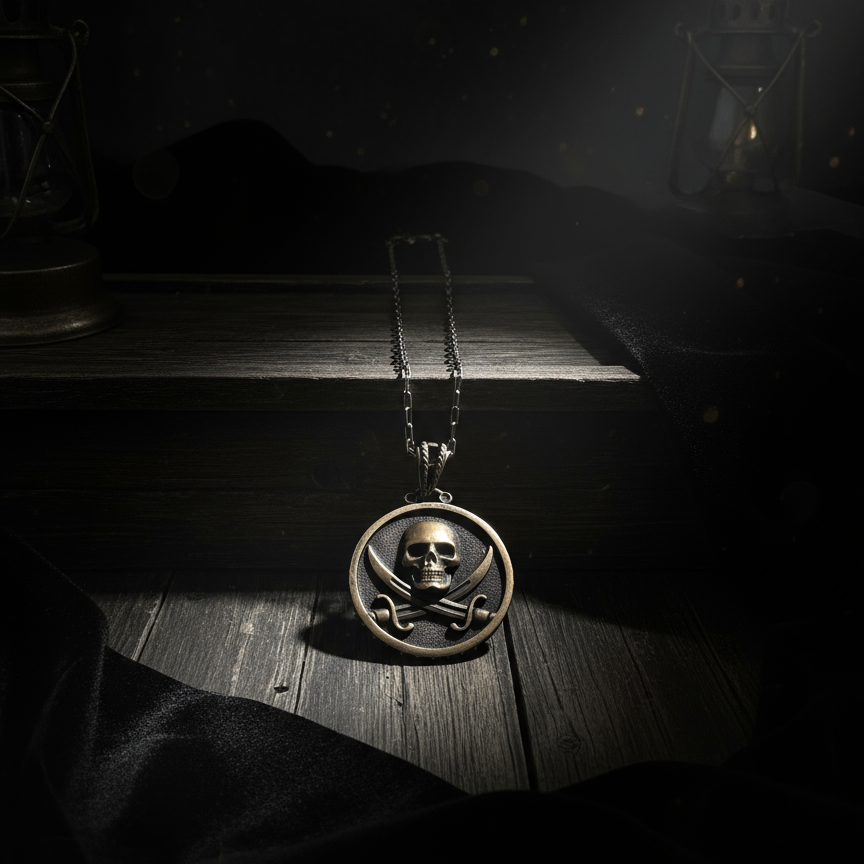 Silver and bronze necklace with black sails pirate design from BDG Accessories, featuring detailed nautical-inspired charms.