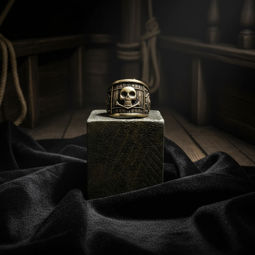 Silver Anello Uomo pirate-inspired ring with black sails design by BDG Accessories, featuring nautical details and bold craftsmanship.