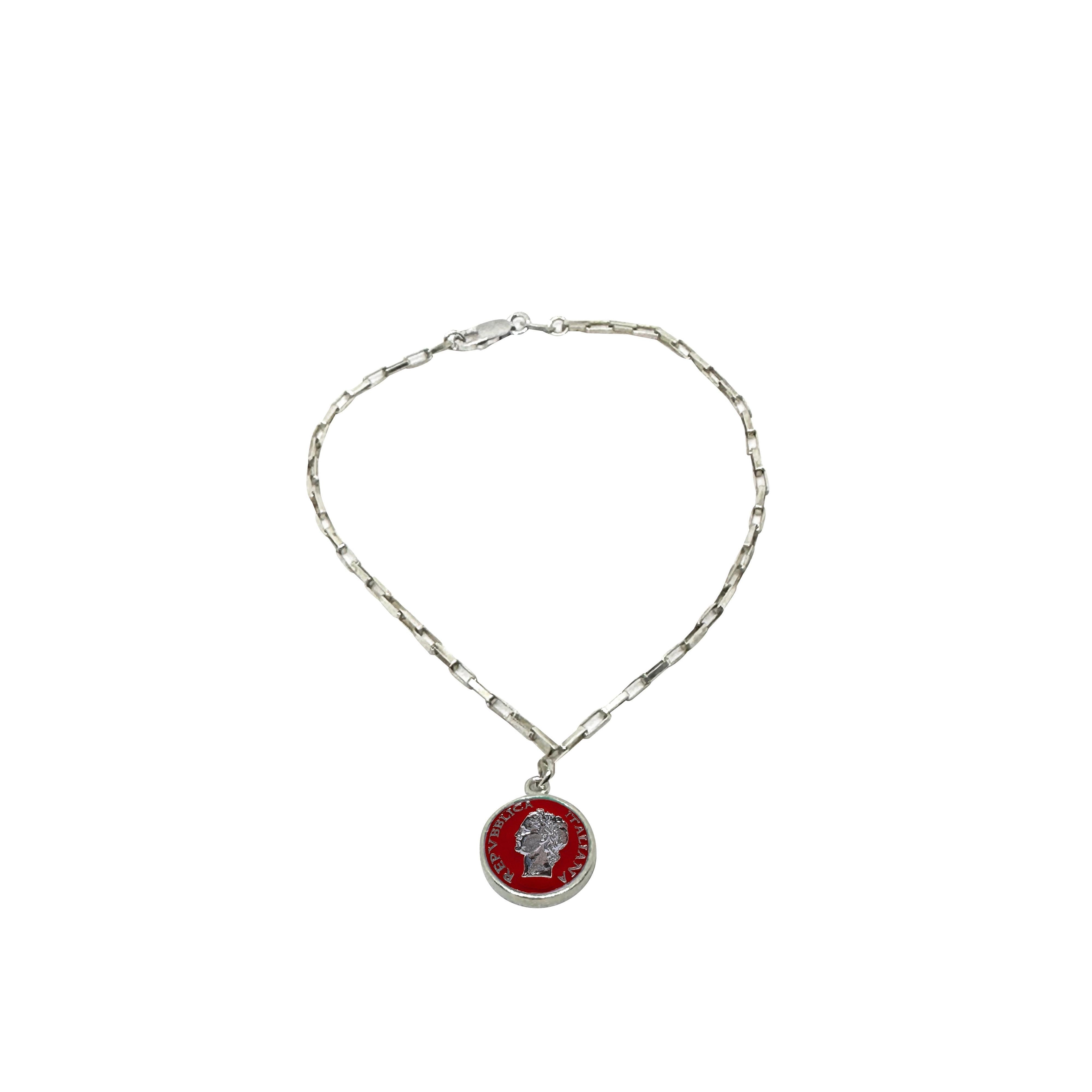 Vintage BDG Accessories silver bracelet with red enamel Dolce Vita 1950s design and a medallion profile detail.