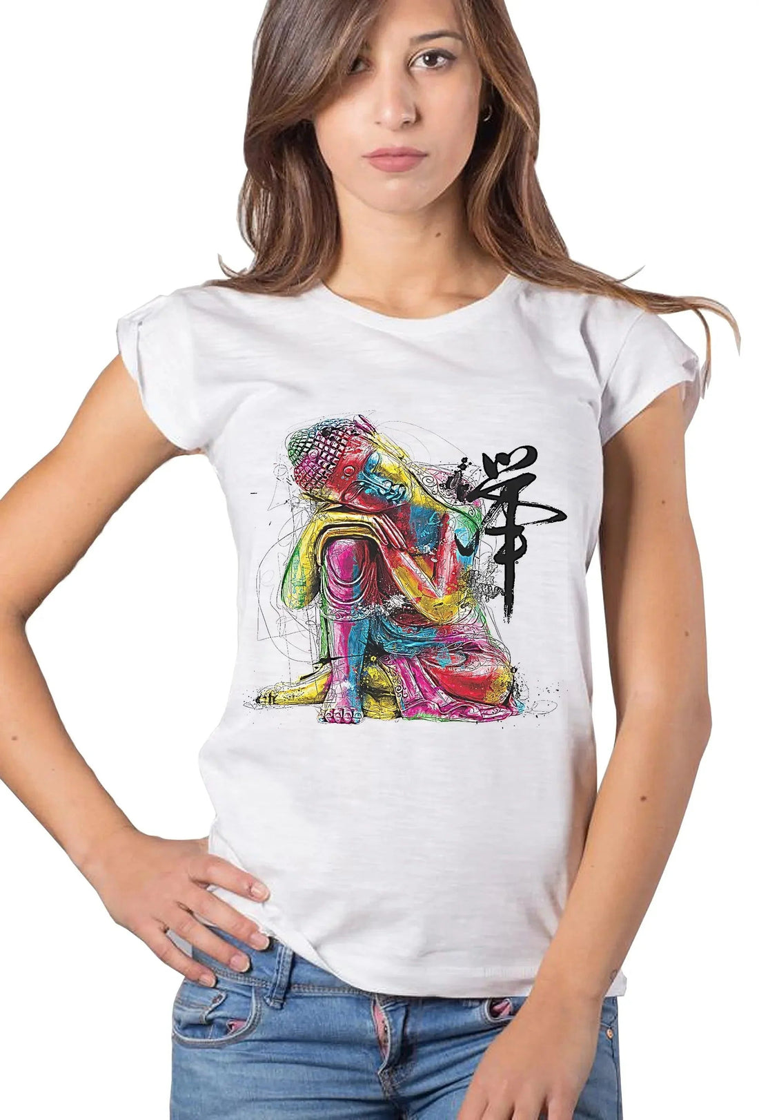 Cotton eco-friendly Buddha Art T-Shirt for women by STREET STYLE featuring colorful urban design, perfect for street style fashion.