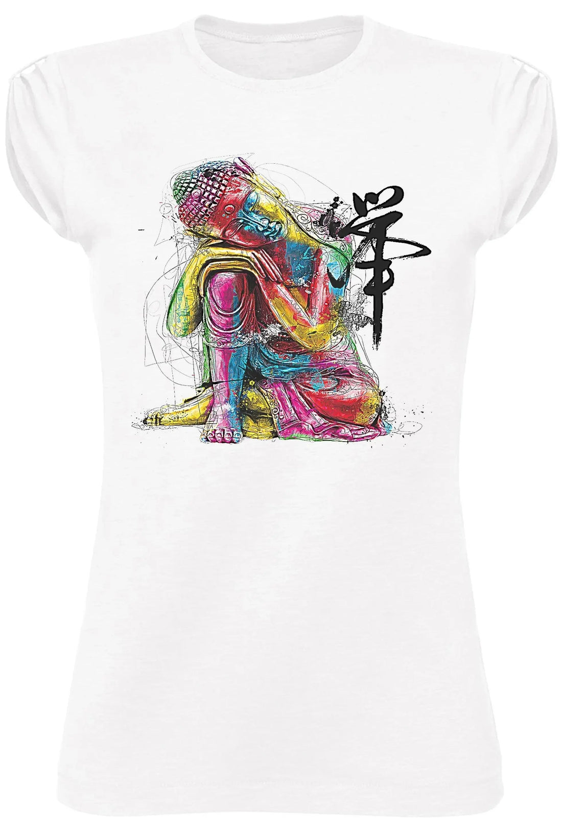 Eco cotton Buddha art T-shirt for women by STREET STYLE featuring colorful urban-inspired design on soft, breathable fabric.