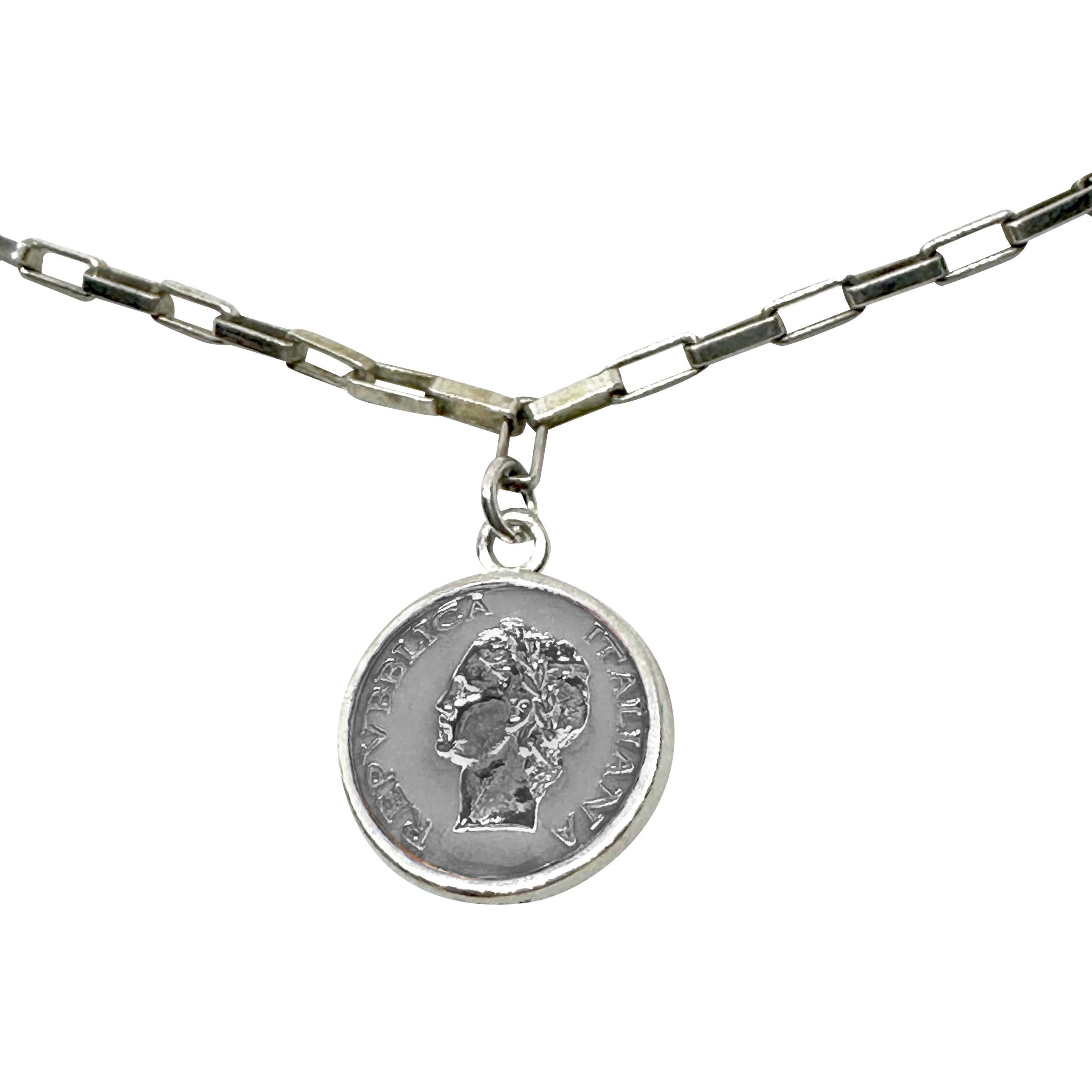Vintage BDG Accessories silver chain necklace with colorful enamel pendant inspired by 1950s Dolce Vita style.